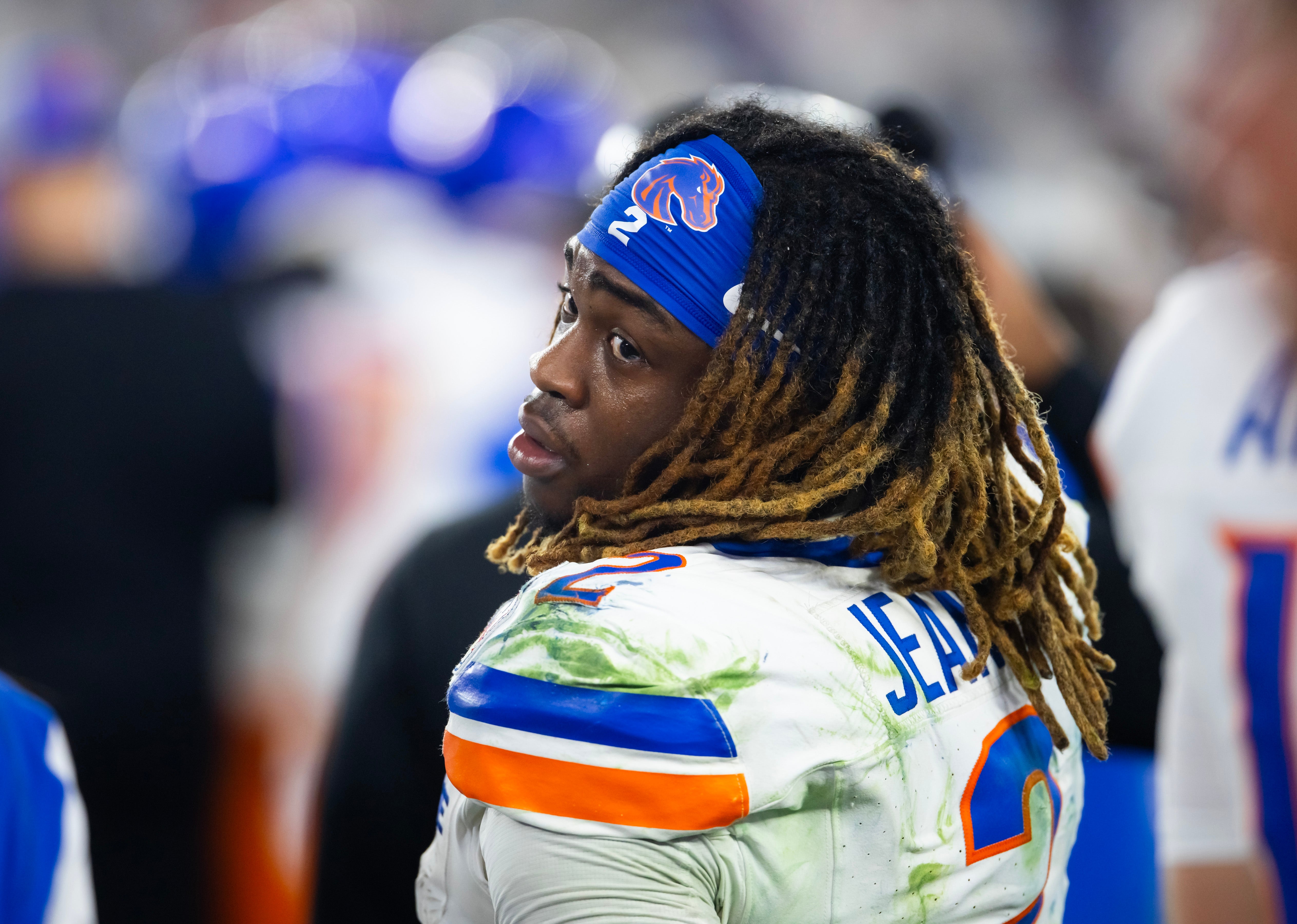 Boise State Broncos running back Ashton Jeanty (2) reacts after the game against the Penn State Nittany Lions in the Fiesta Bowl at State Farm Stadium.