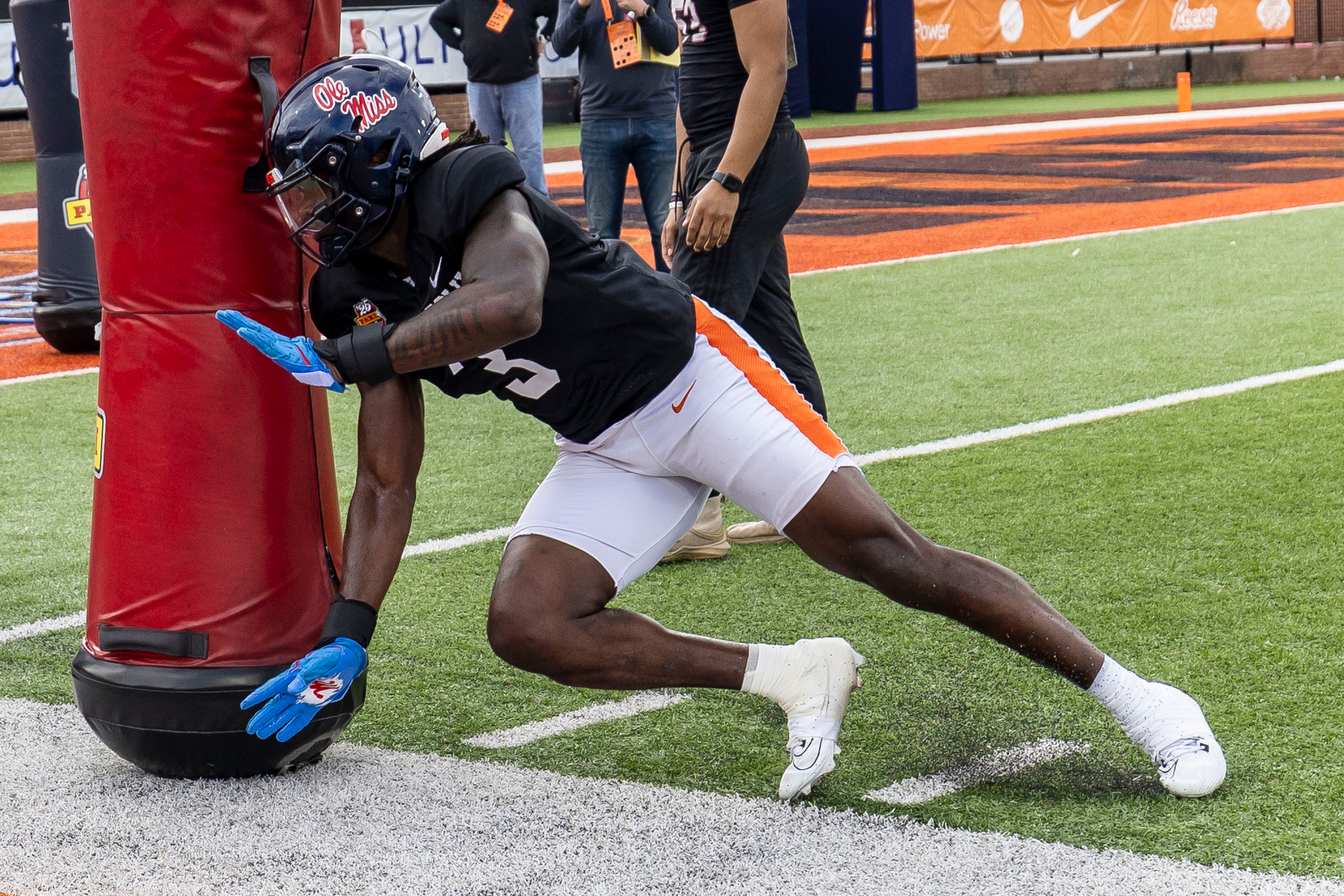 Jan 30, 2025; Mobile, AL, USA; American team defensive lineman Princely Umanmielen of Ole Miss (3) works through drills during Senior Bowl practice for the American team at Hancock Whitney Stadium. Mandatory Credit: Vasha Hunt-Imagn Images