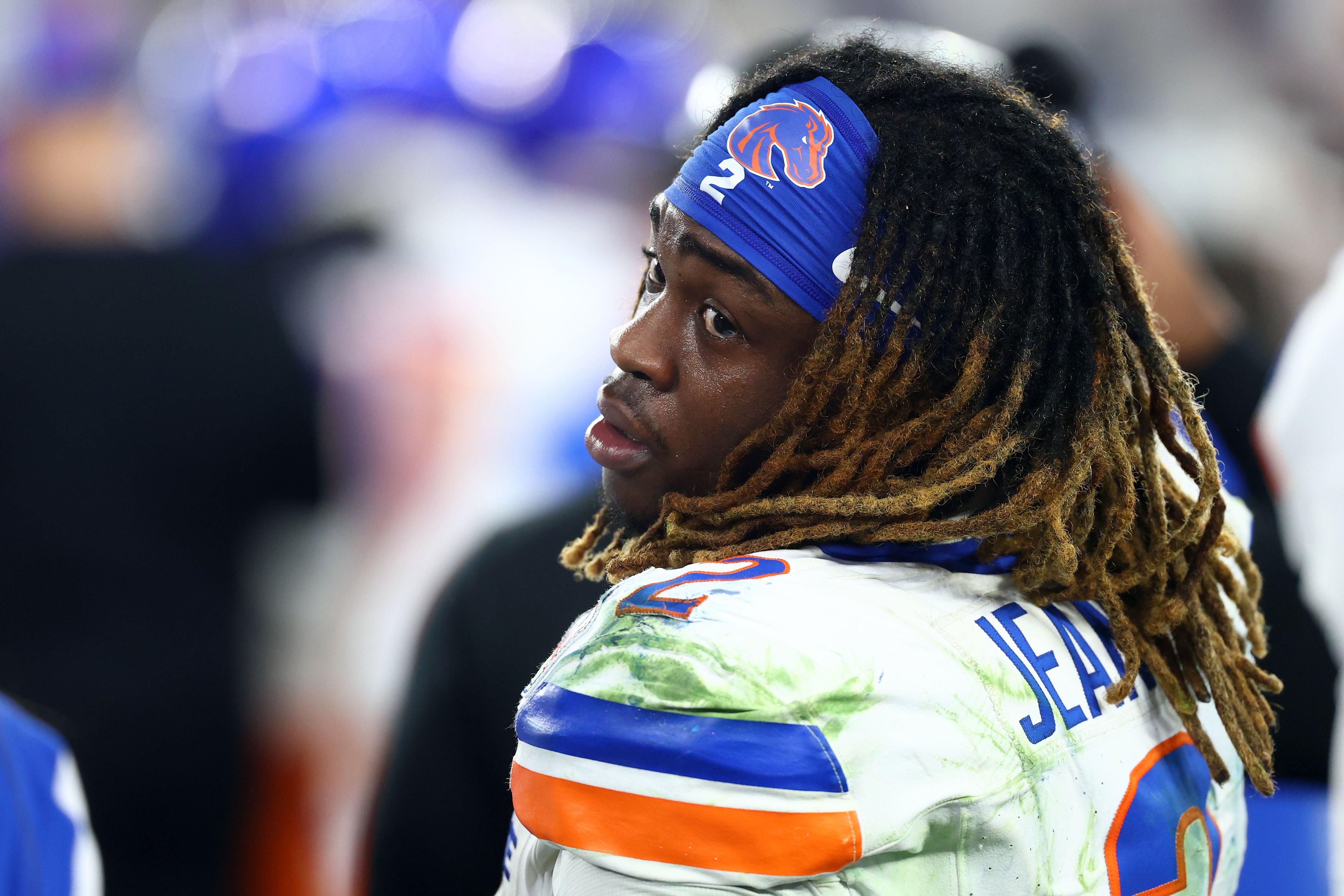 Dec 31, 2024; Glendale, AZ, USA; Boise State Broncos running back Ashton Jeanty (2) reacts after the game against the Penn State Nittany Lions in the Fiesta Bowl at State Farm Stadium.