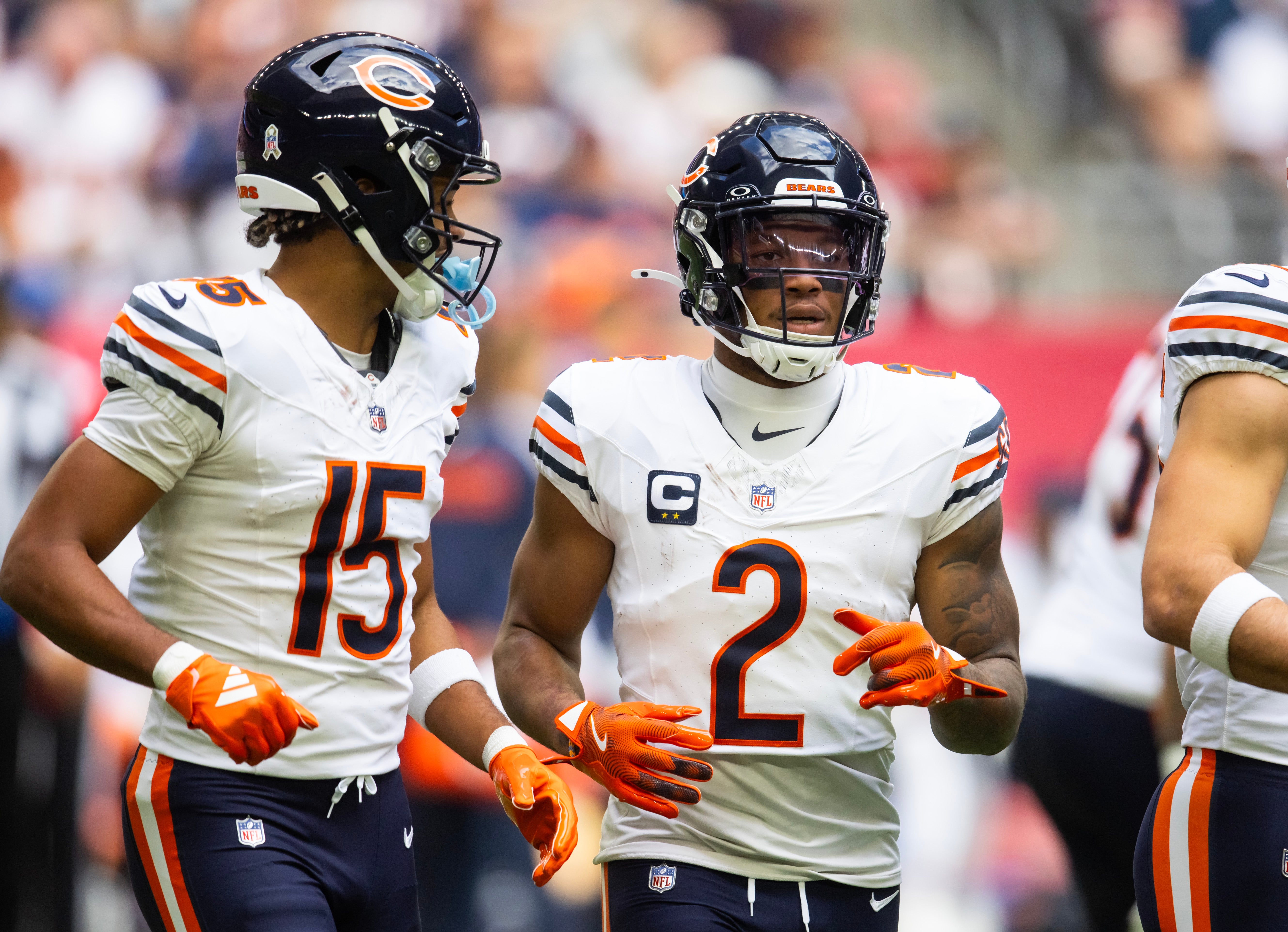 Nov 3, 2024; Glendale, Arizona, USA; Chicago Bears wide receiver DJ Moore (2) and Rome Odunze (15) against the Arizona Cardinals at State Farm Stadium.