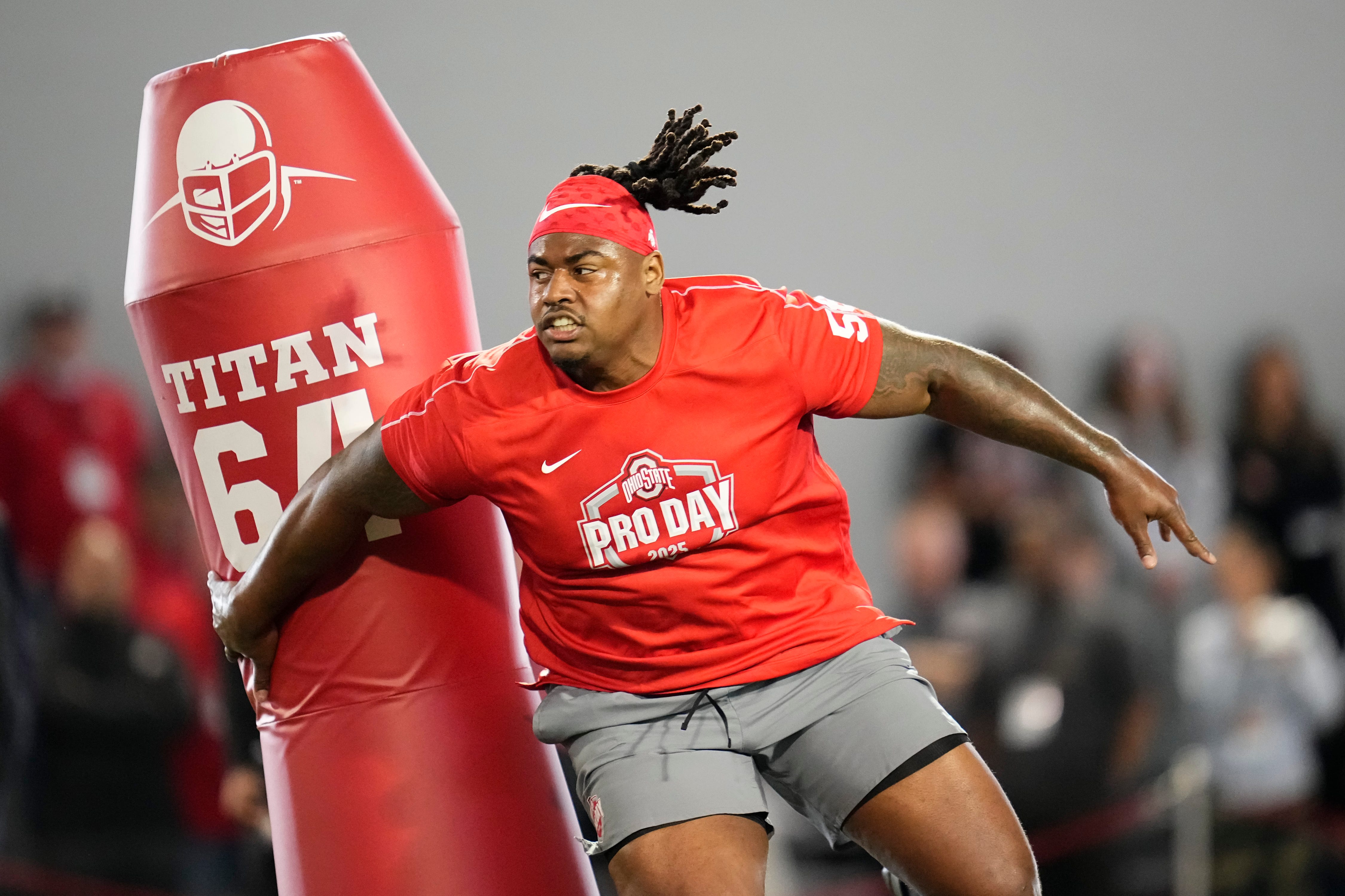 Ohio State Buckeyes defensive tackle Ty Hamilton works out during the pro day for NFL scouts at the Woody Hayes Athletic Center on March 26, 2025.
