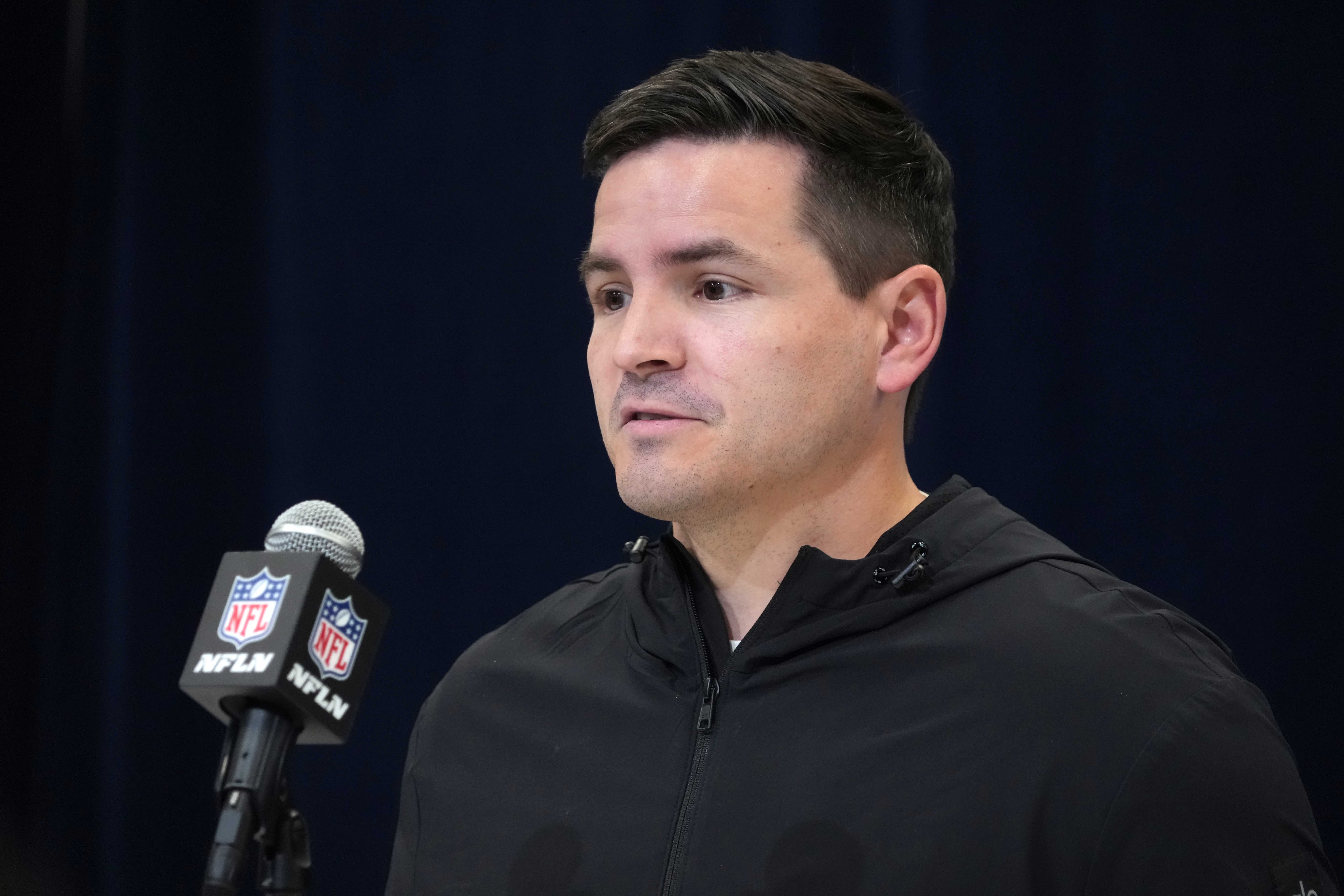 Feb 27, 2025; Indianapolis, IN, USA; Seattle Seahawks coach Mike Macdonald speaks during the 2025 NFL Scouting Combine at the Indiana Convention Center.