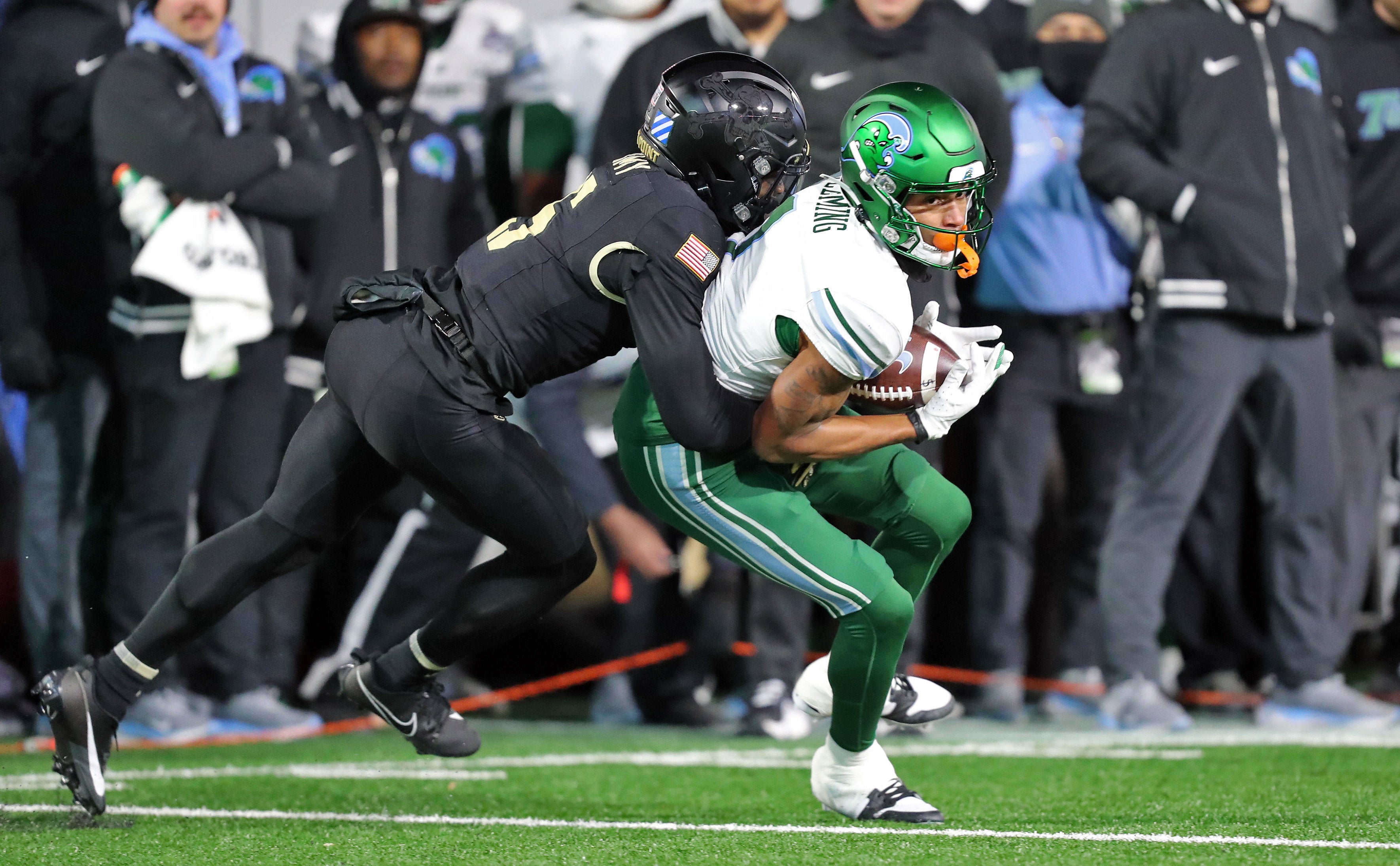 Dec 6, 2024; West Point, NY, USA; Tulane Green Wave wide receiver Dontae Fleming (1) catches a pass against the Army Black Knights during the second half at Michie Stadium.