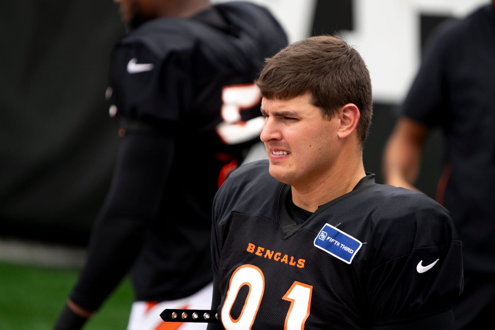 Cincinnati Bengals defensive end Trey Hendrickson (91) smiles during Cincinnati Bengals practice at Paycor Stadium on Thursday, Aug. 8, 2024.