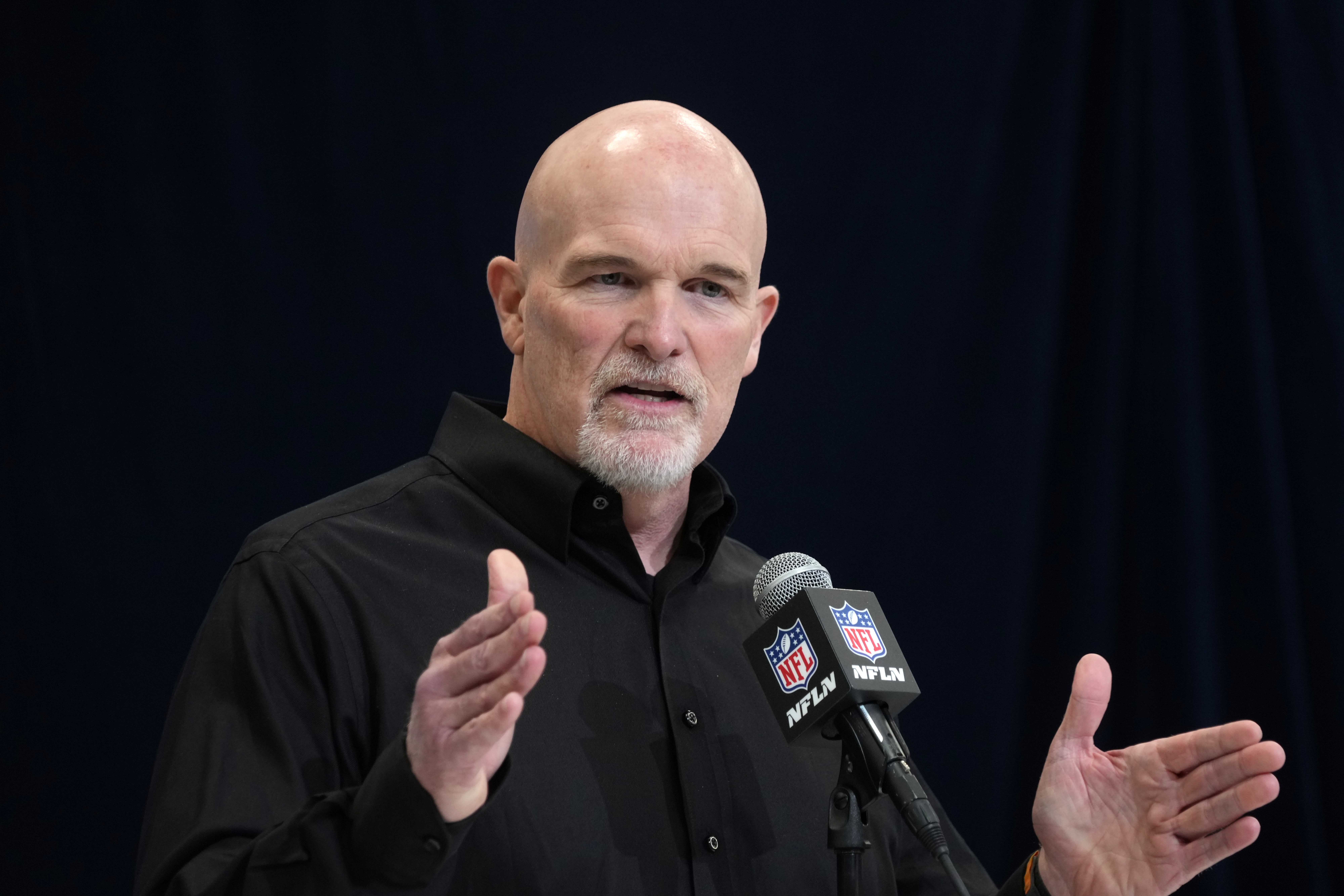 Feb 27, 2025; Indianapolis, IN, USA; Washington Commanders coach Dan Quinn speaks during the 2025 NFL Scouting Combine at the Indiana Convention Center.