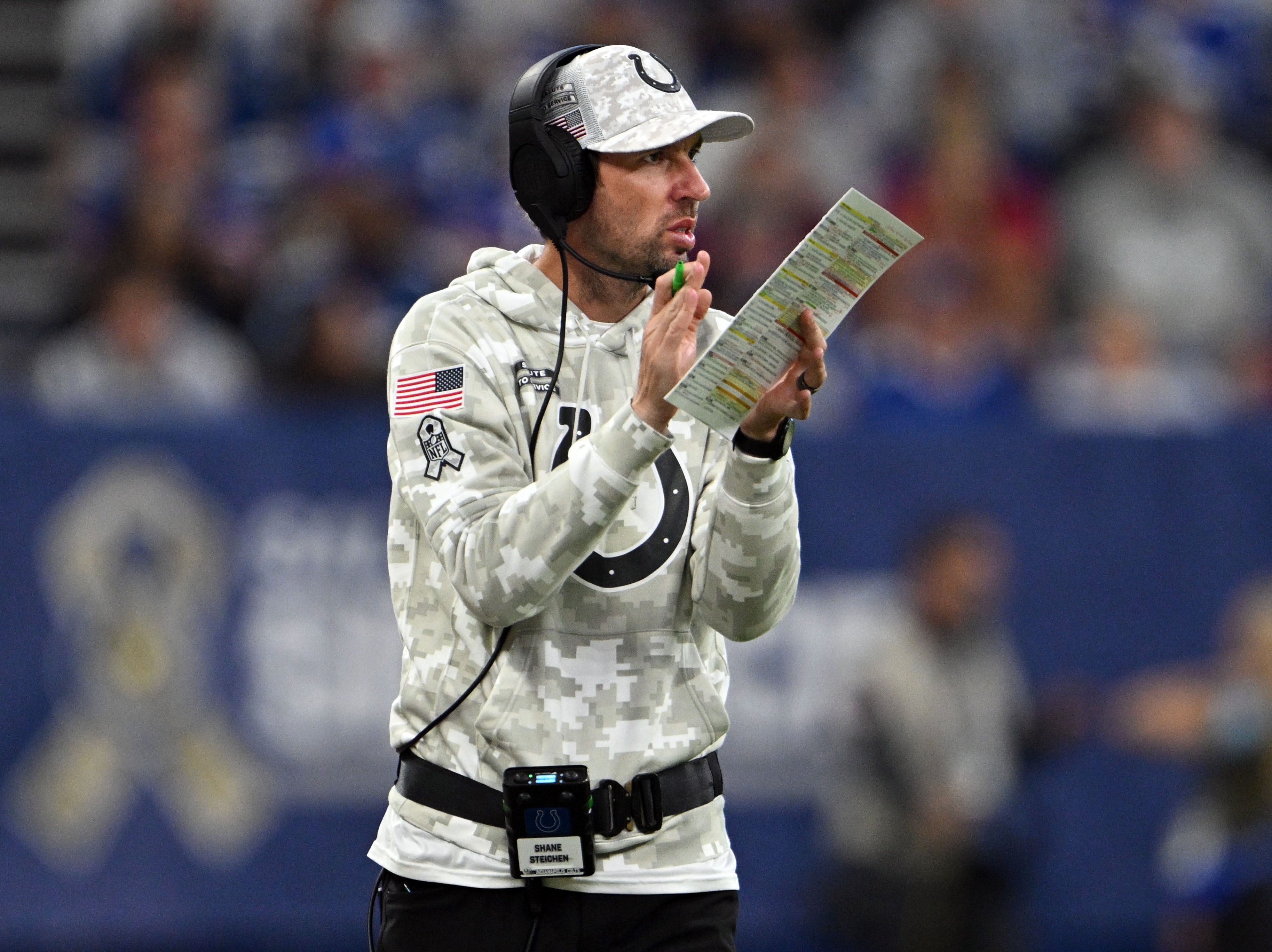 Nov 10, 2024; Indianapolis, Indiana, USA; Indianapolis Colts Indianapolis Colts head coach Shane Steichen reacts on the sidelines during the second half against the Buffalo Bills at Lucas Oil Stadium.