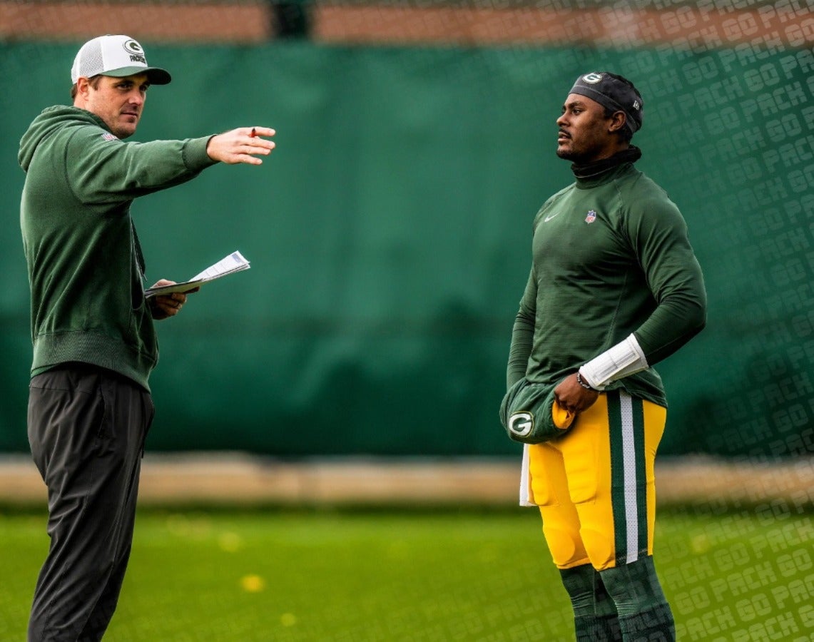 Packers assistant coach Sean Mannion and backup quarterback Malik Willis