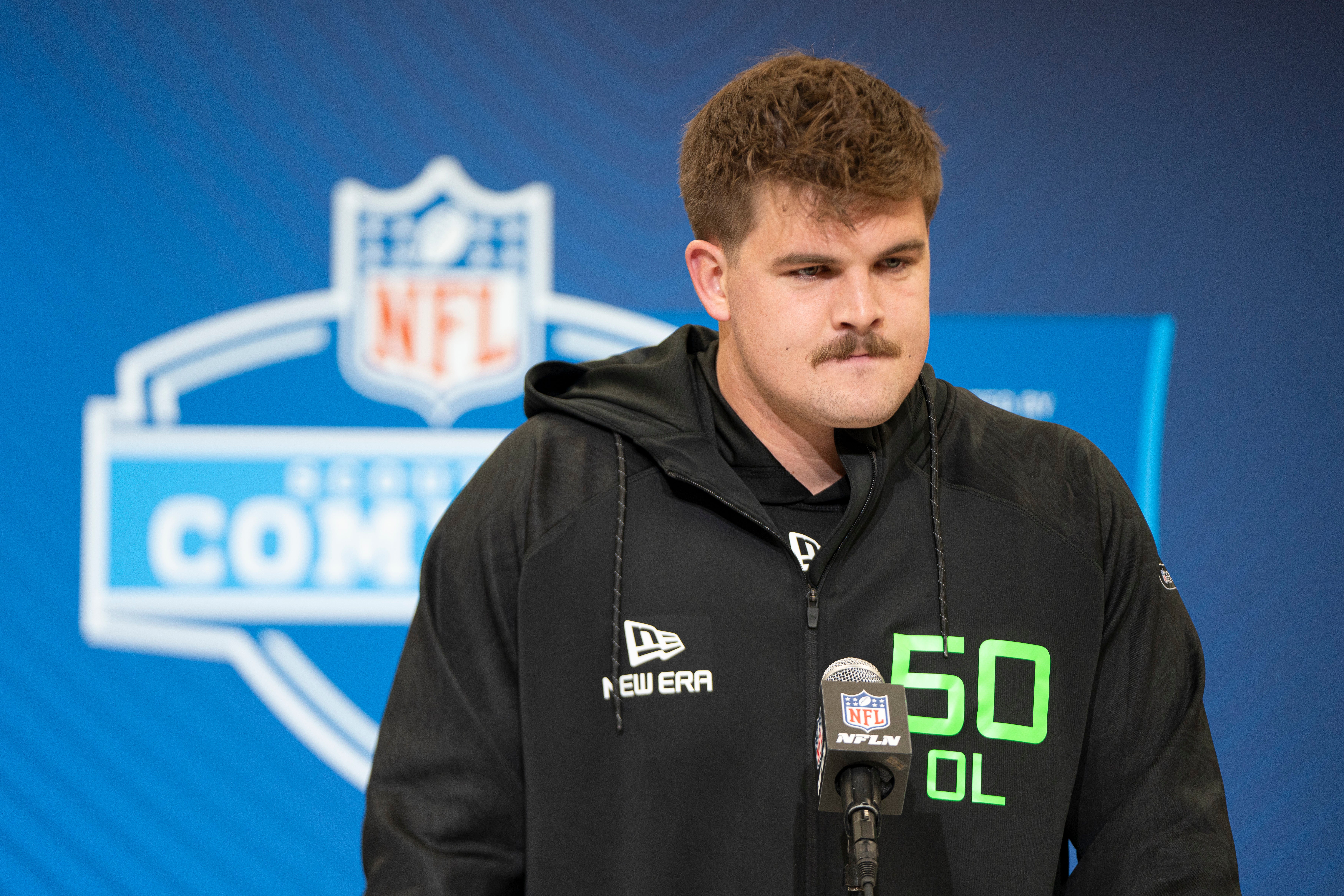 Mar 1, 2025; Indianapolis, IN, USA; North Dakota State University offensive lineman Grey Zabel (OL50) answers questions at a press conference during the 2025 NFL Combine at Indiana Convention Center.