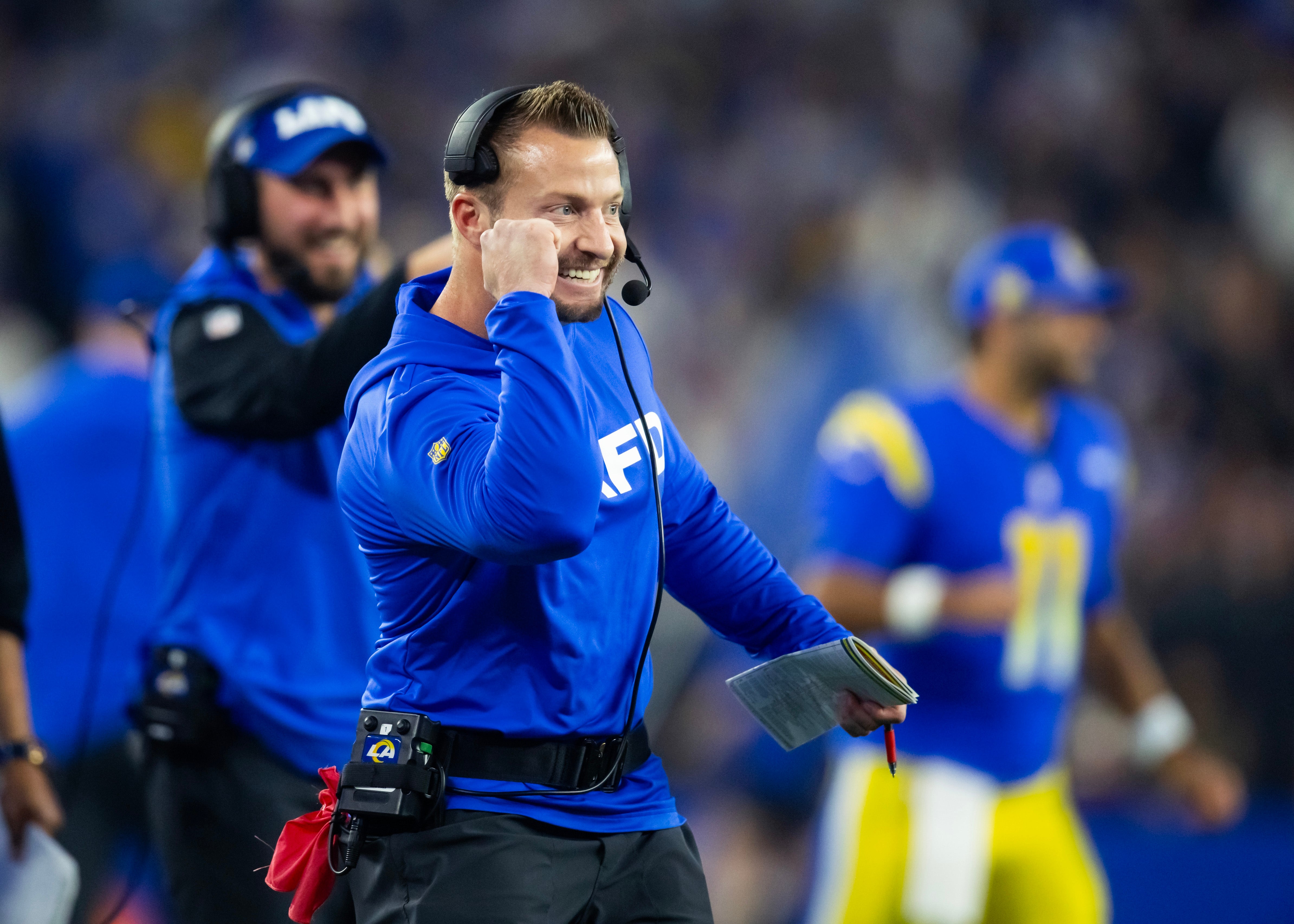 Jan 13, 2025; Glendale, AZ, USA; Los Angeles Rams head coach Sean McVay celebrates a touchdown against the Minnesota Vikings during an NFC wild card game at State Farm Stadium.