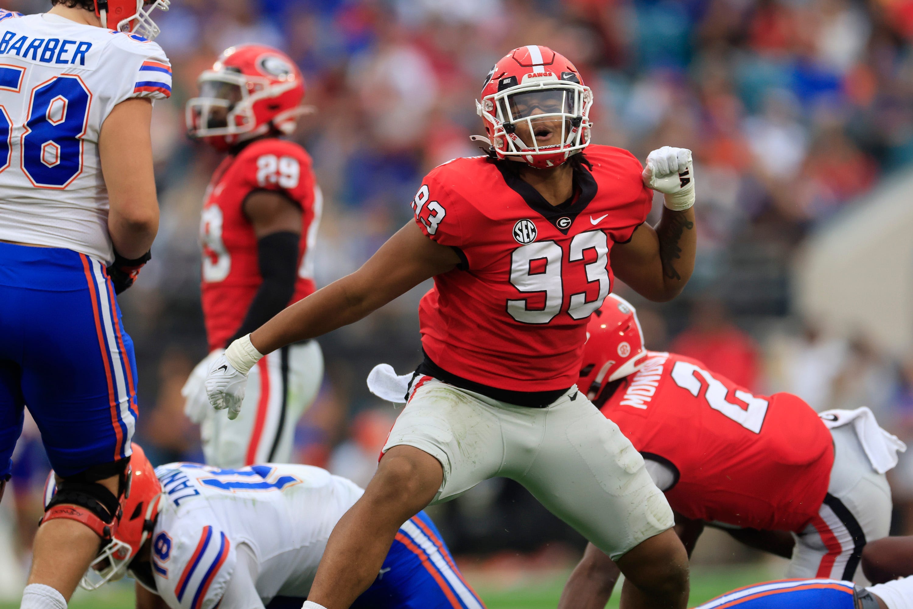 Georgia Bulldogs defensive lineman Tyrion Ingram-Dawkins (93) celebrates a defensive stop