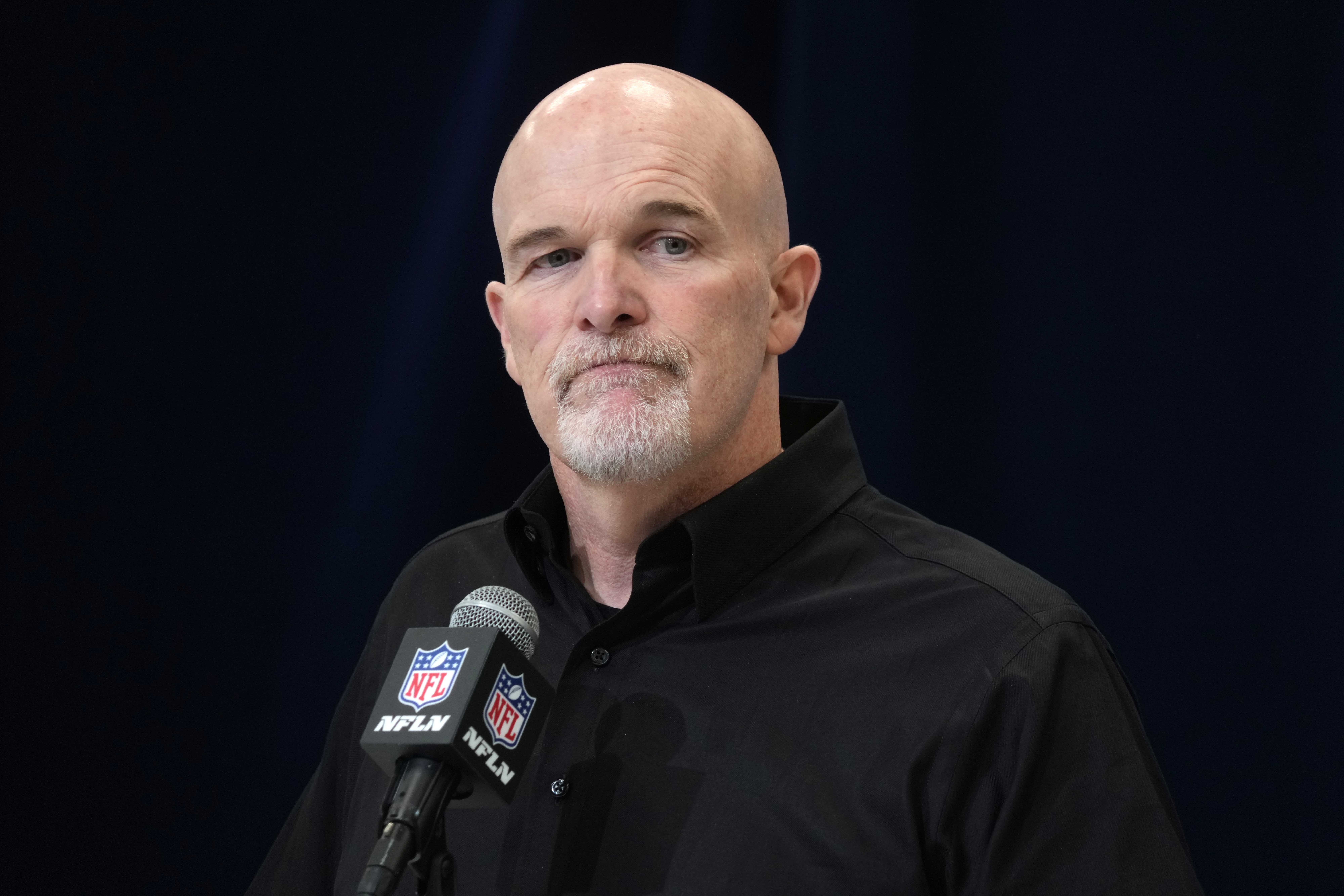Feb 27, 2025; Indianapolis, IN, USA; Washington Commanders coach Dan Quinn speaks during the 2025 NFL Scouting Combine at the Indiana Convention Center.