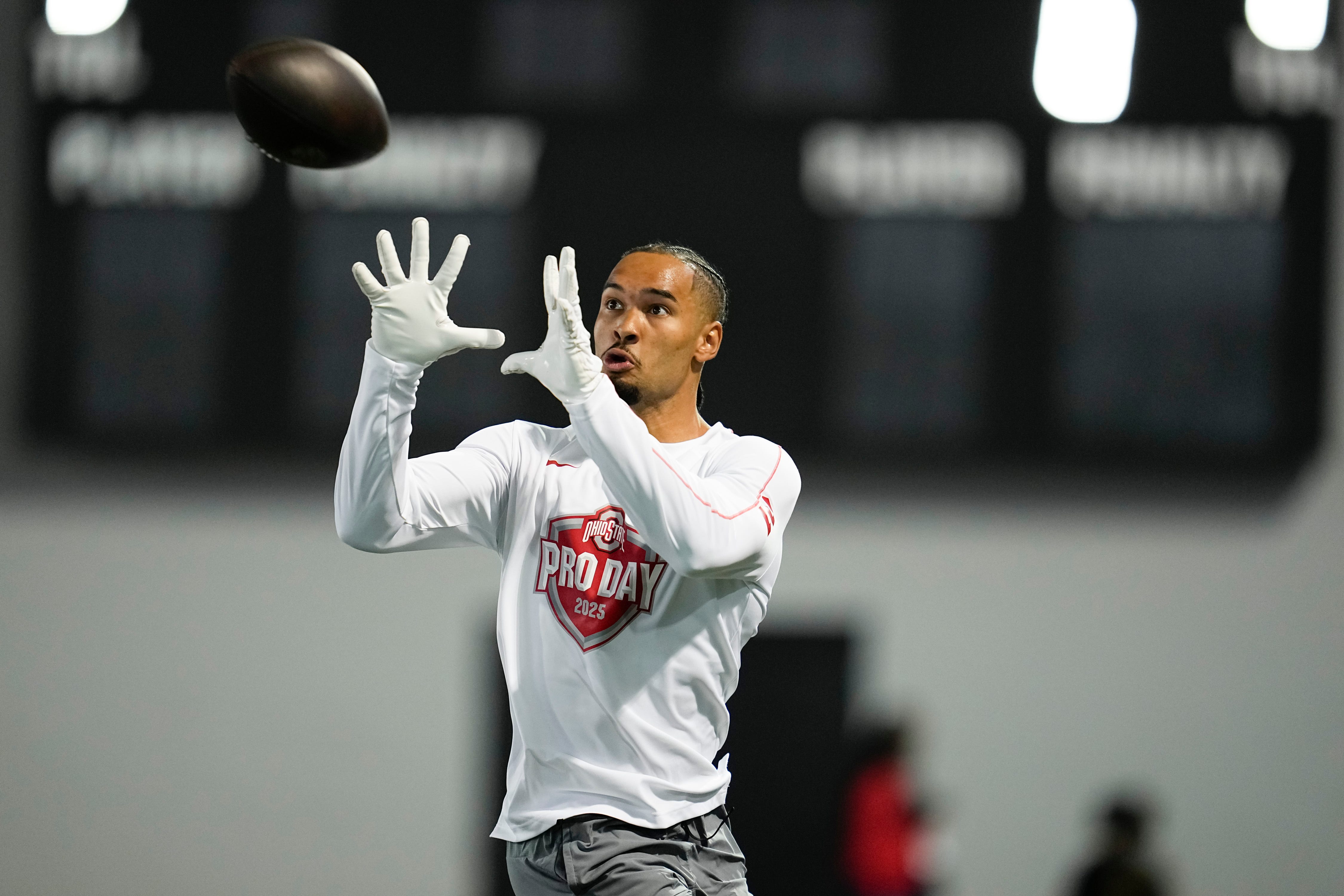 Ohio State Buckeyes wide receiver Emeka Egbuka catches a pass during the pro day for NFL scouts at the Woody Hayes Athletic Cente on March 26, 2025.