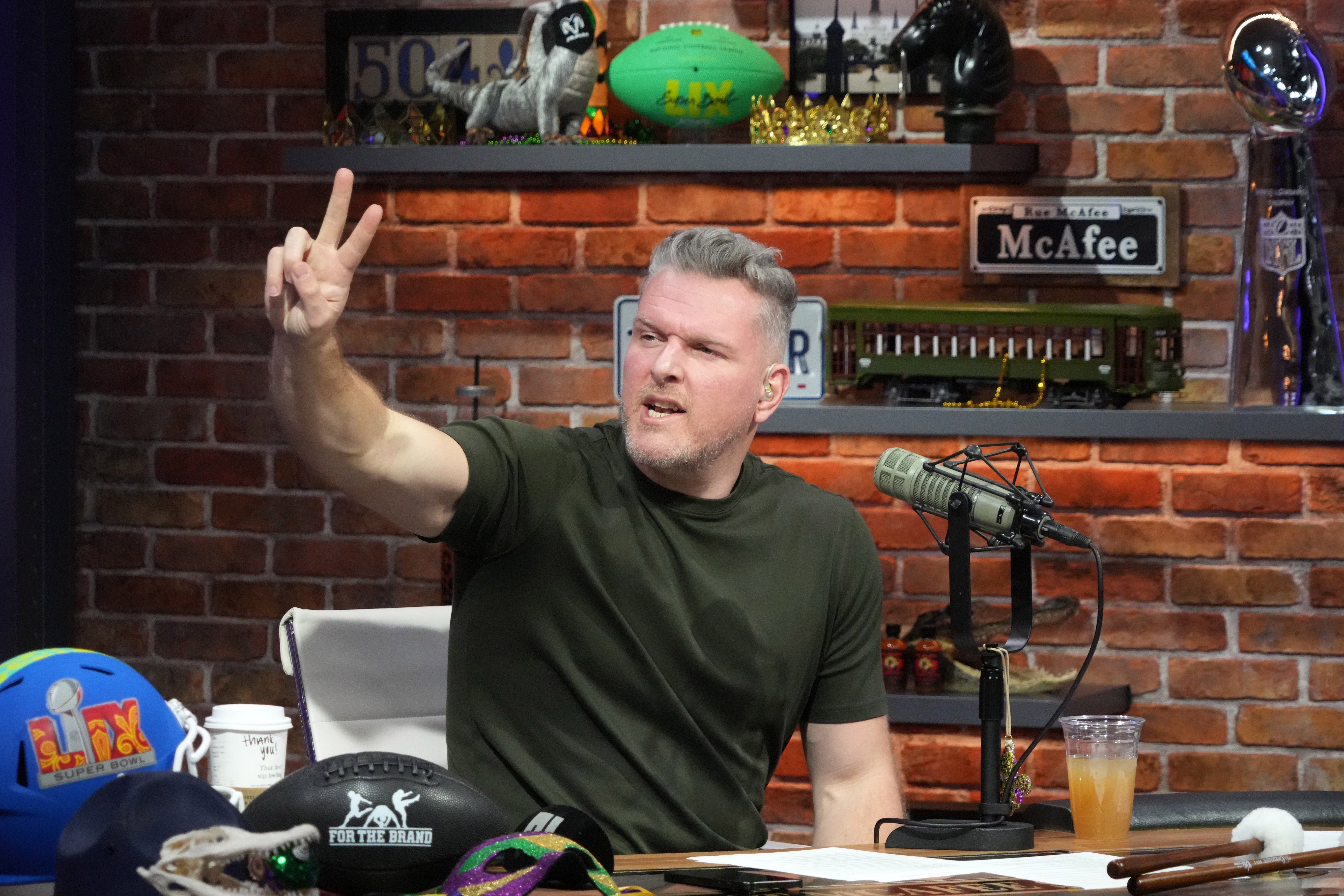 Feb 7, 2025; New Orleans, LA, USA; Pat McAfee on the Pat McAfee Show set on Radio Row at the Super Bowl LIX media center. Mandatory Credit: Kirby Lee-Imagn Images
