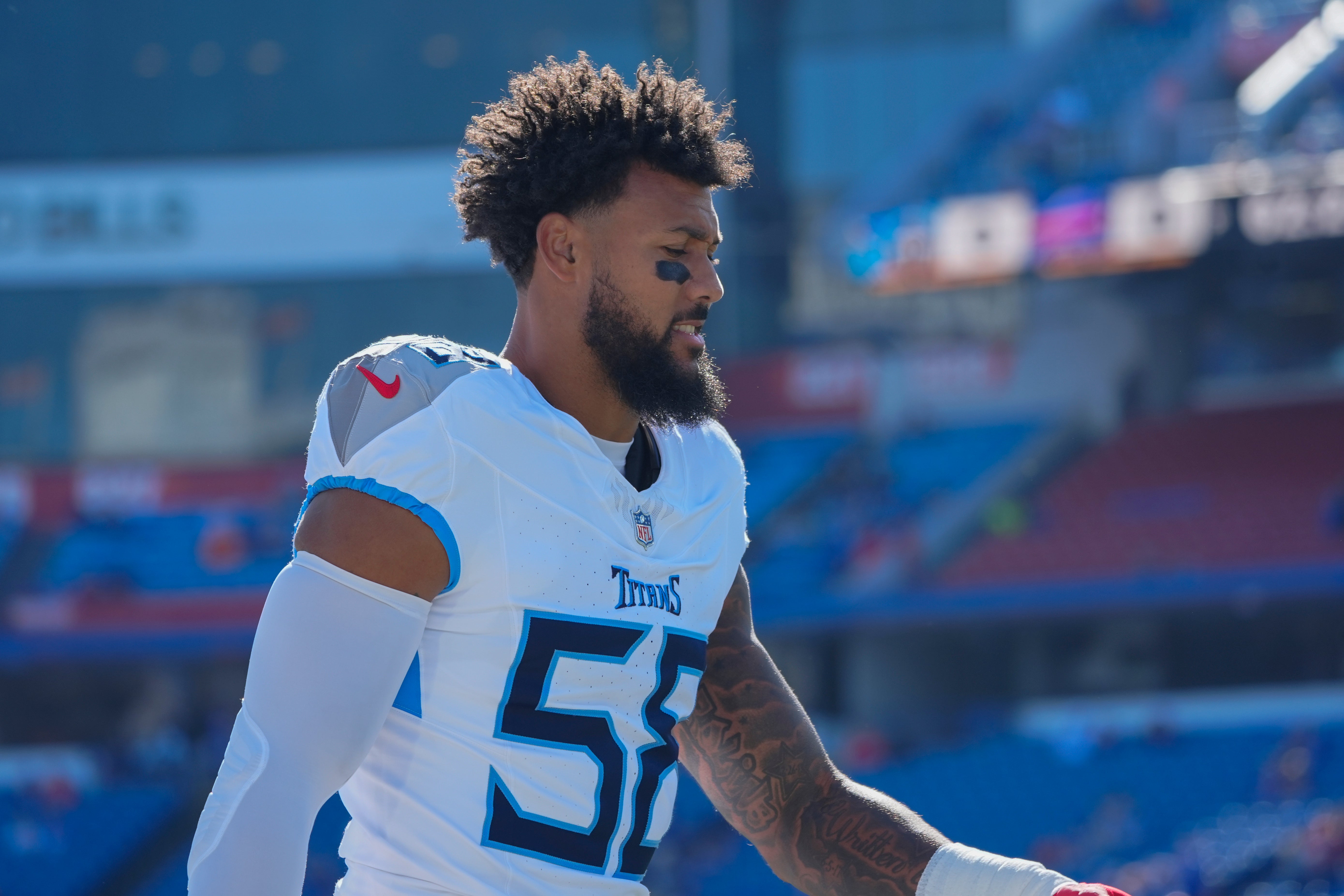 Oct 20, 2024; Orchard Park, New York, USA; Tennessee Titans linebacker Harold Landry III (58) prior to the game at Highmark Stadium