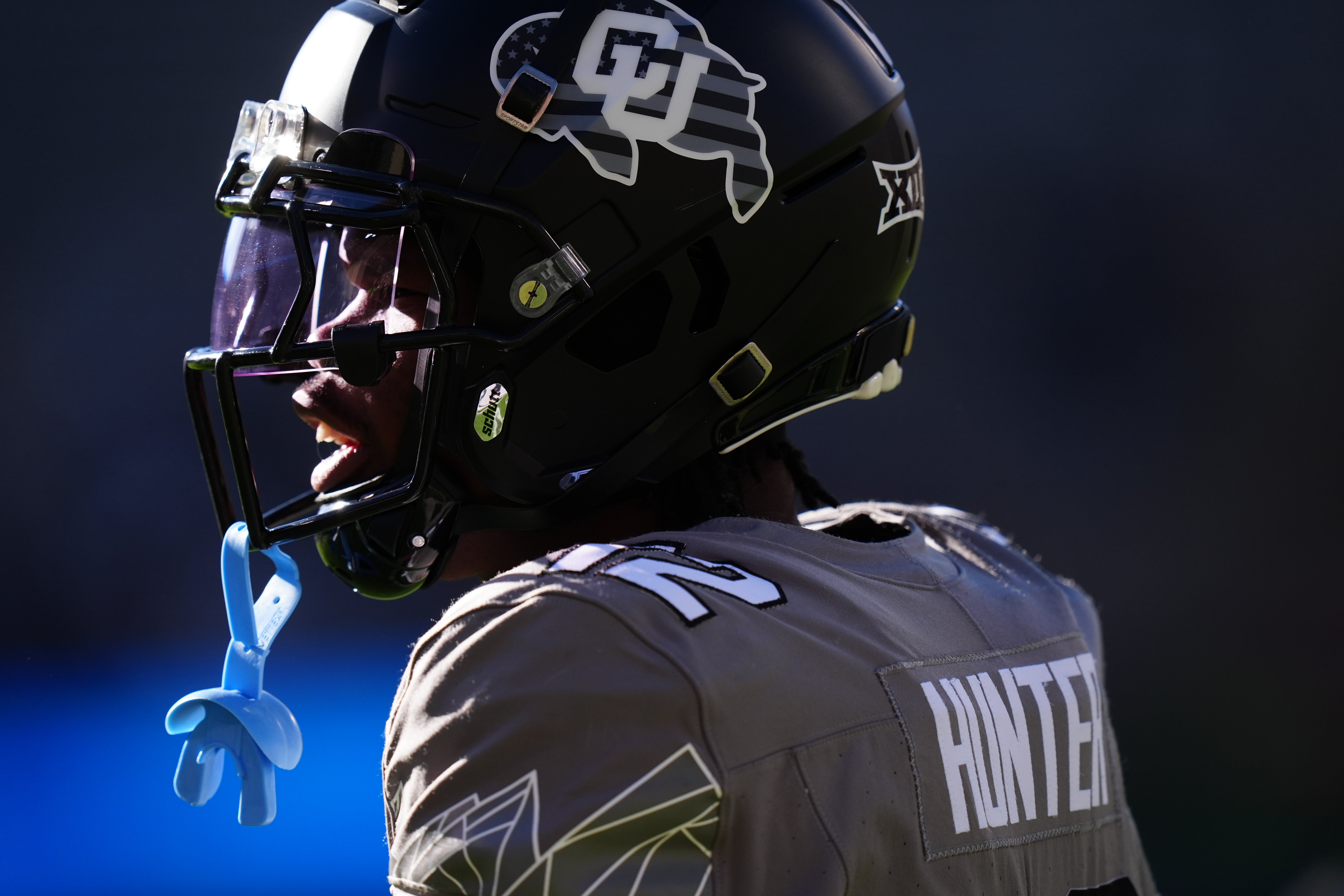 Nov 16, 2024; Boulder, Colorado, USA; Colorado Buffaloes wide receiver Travis Hunter (12) before the game against the Utah Utes at Folsom Field.