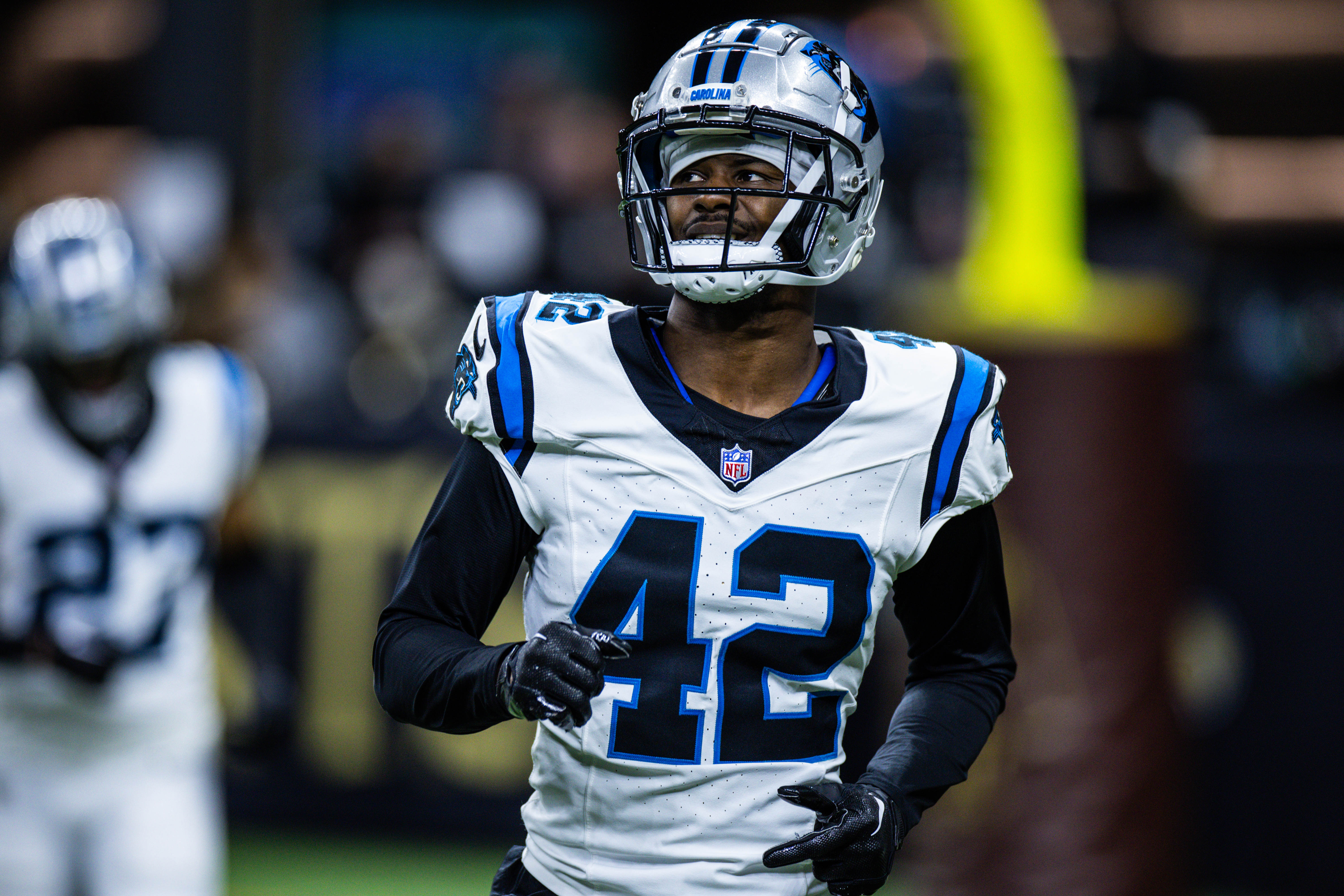 Carolina Panthers safety Sam Franklin Jr. (42) looks on against the New Orleans Saints