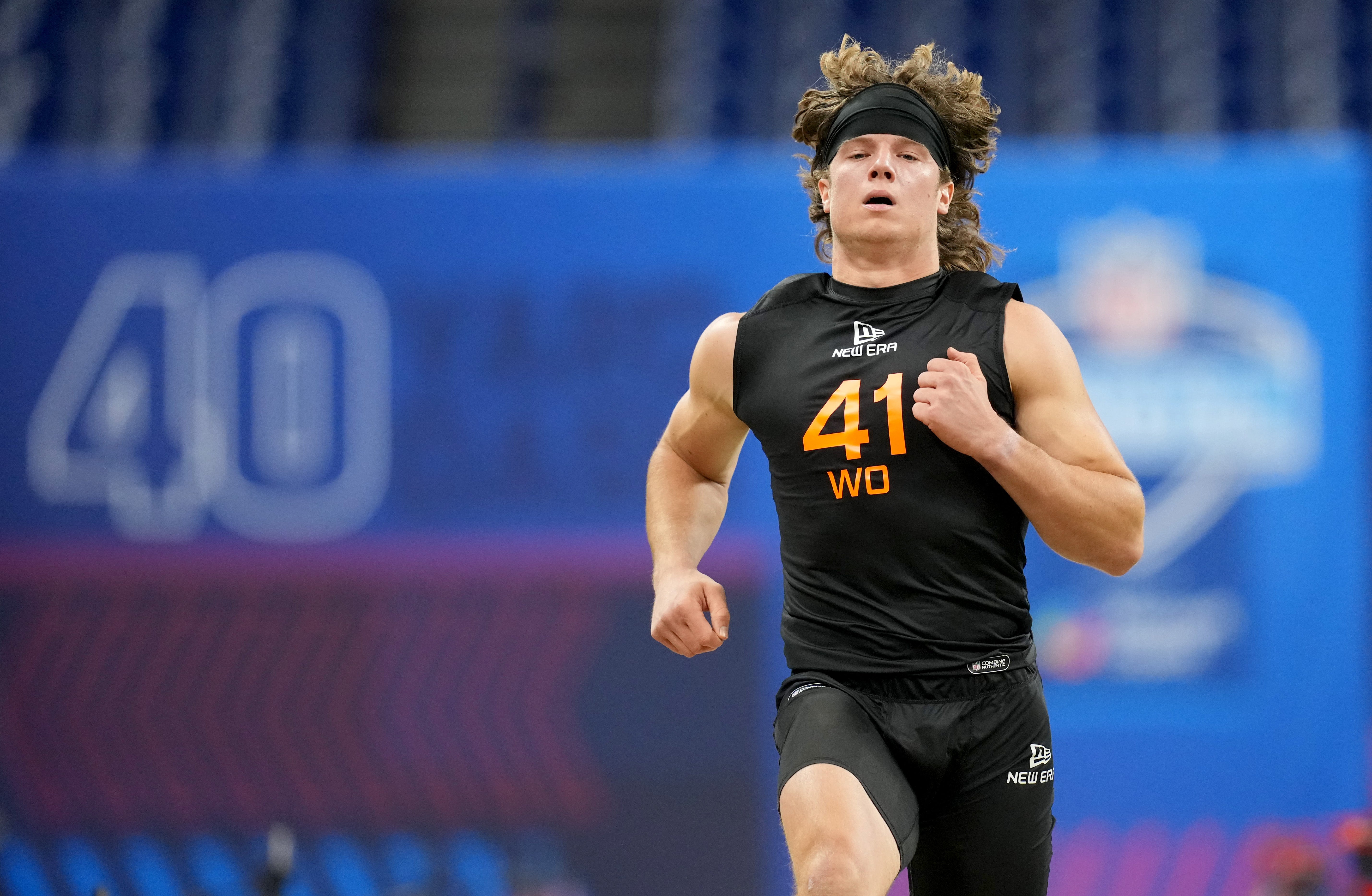 Arkansas wide receiver Isaac Teslaa (WO41) during the 2025 NFL Scouting Combine