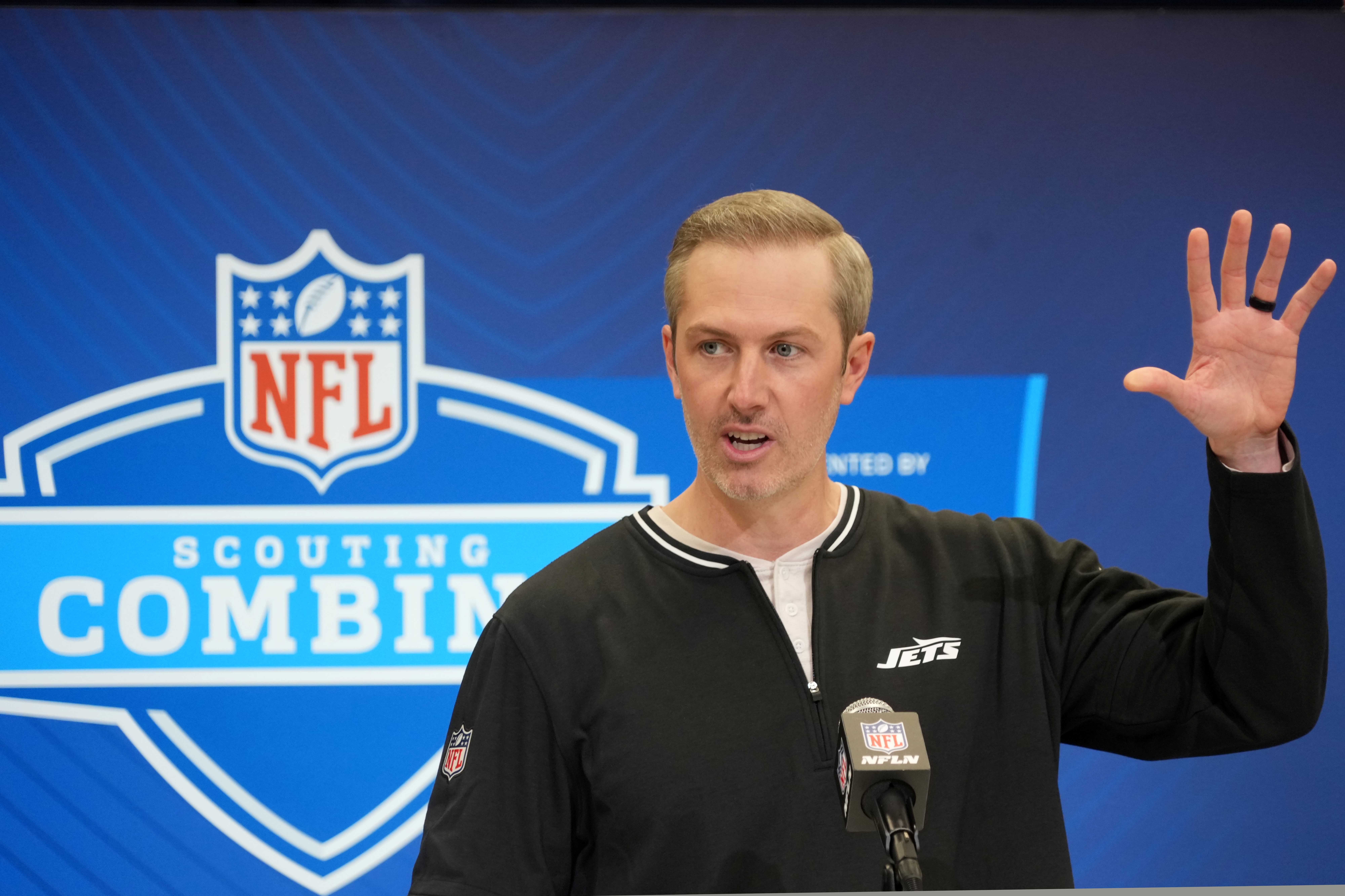 New York Jets general manager Darren Mougey speaks during the NFL Scouting Combine at the Indiana Convention Center.