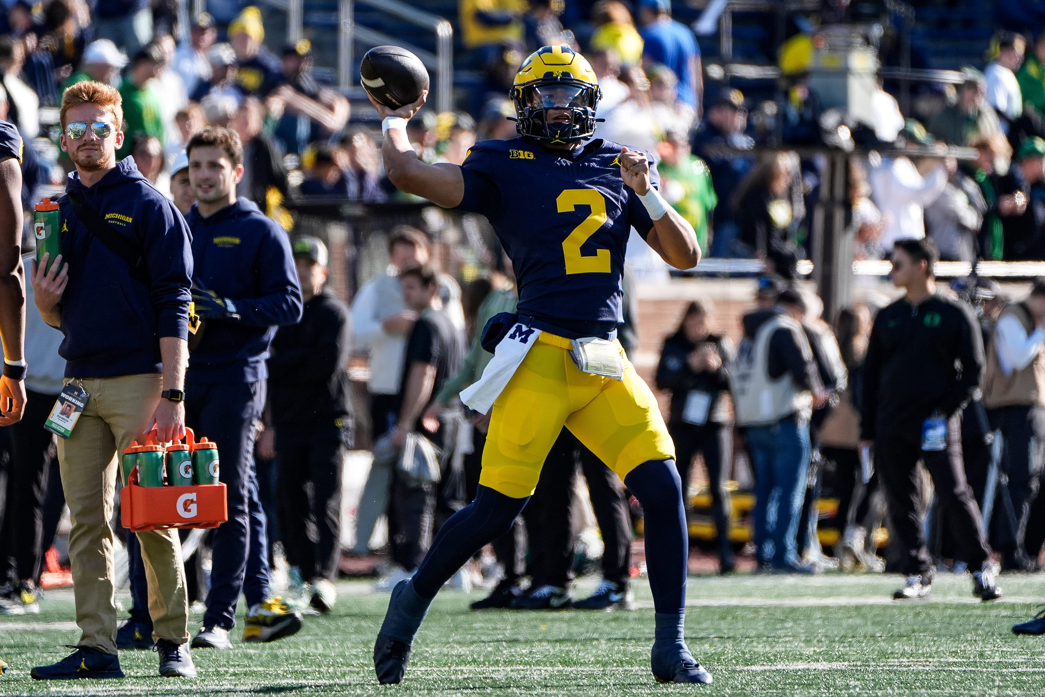 Michigan quarterback Jadyn Davis (2) warms up before the Oregon game at Michigan Stadium in Ann Arbor on Saturday, Nov. 2, 2024.