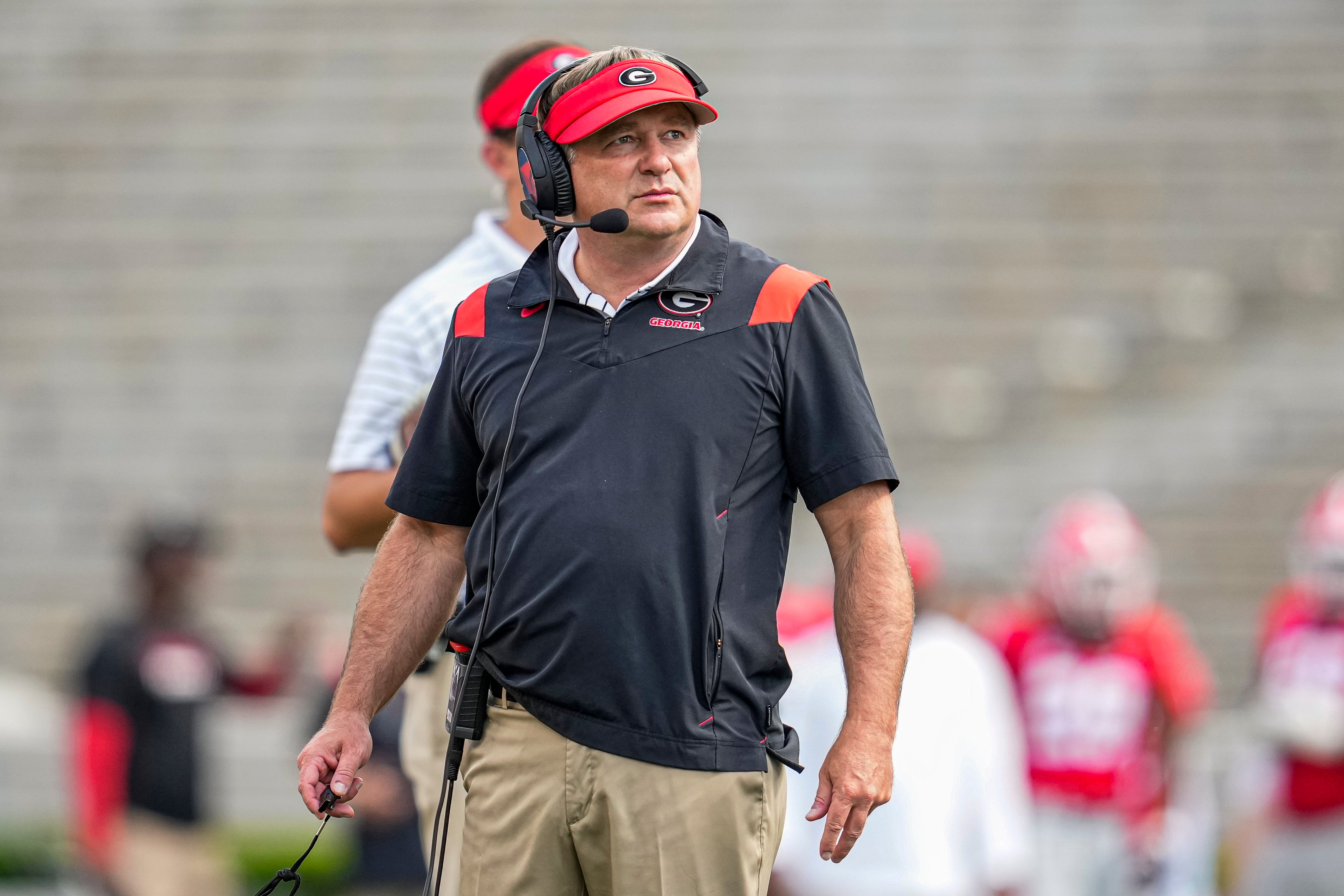 Georgia Bulldogs head coach Kirby Smart on the field during the Georgia Spring Game at Sanford Stadium.
