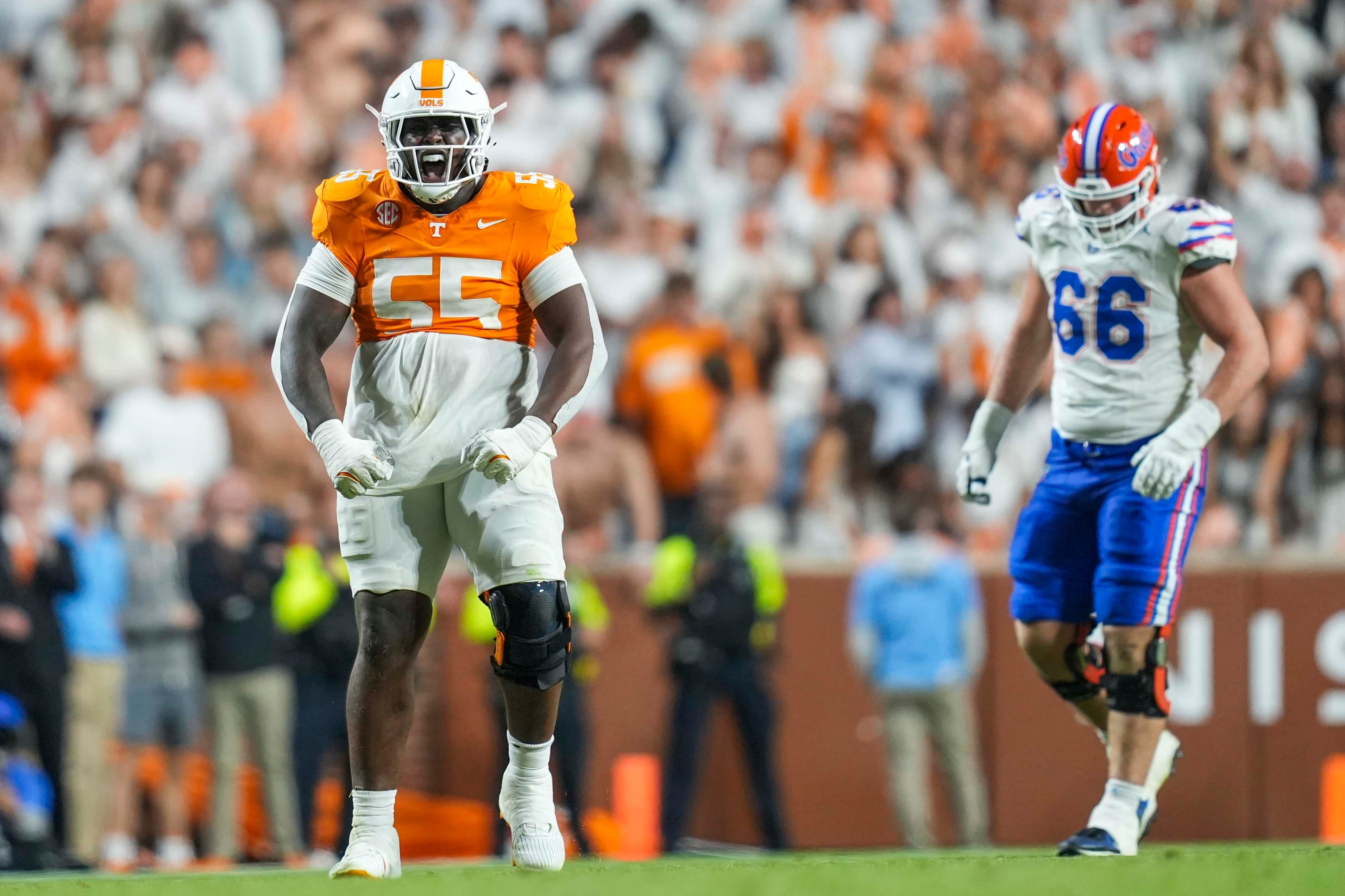 Tennessee defensive lineman Omarr Norman-Lott (55) celebrates after a play during a NCAA football game between Tennessee and Florida in Neyland Stadium, in Knoxville, Tenn., Oct. 12, 2024.