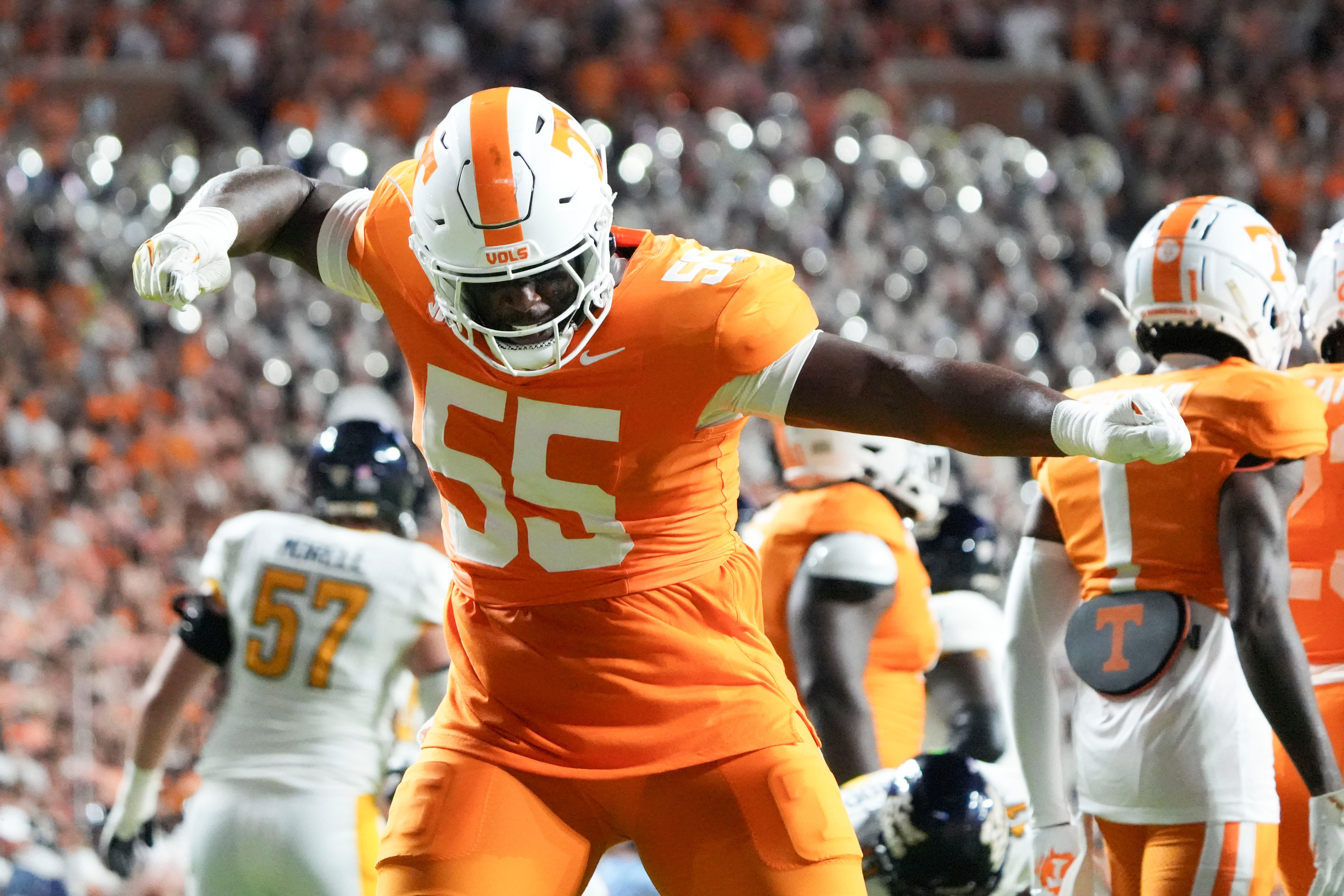 Tennessee defensive lineman Omarr Norman-Lott (55) celebrating after a play during the NCAA college football game against Kent State on Saturday, Sept. 14, 2024 in Knoxville, Tenn.