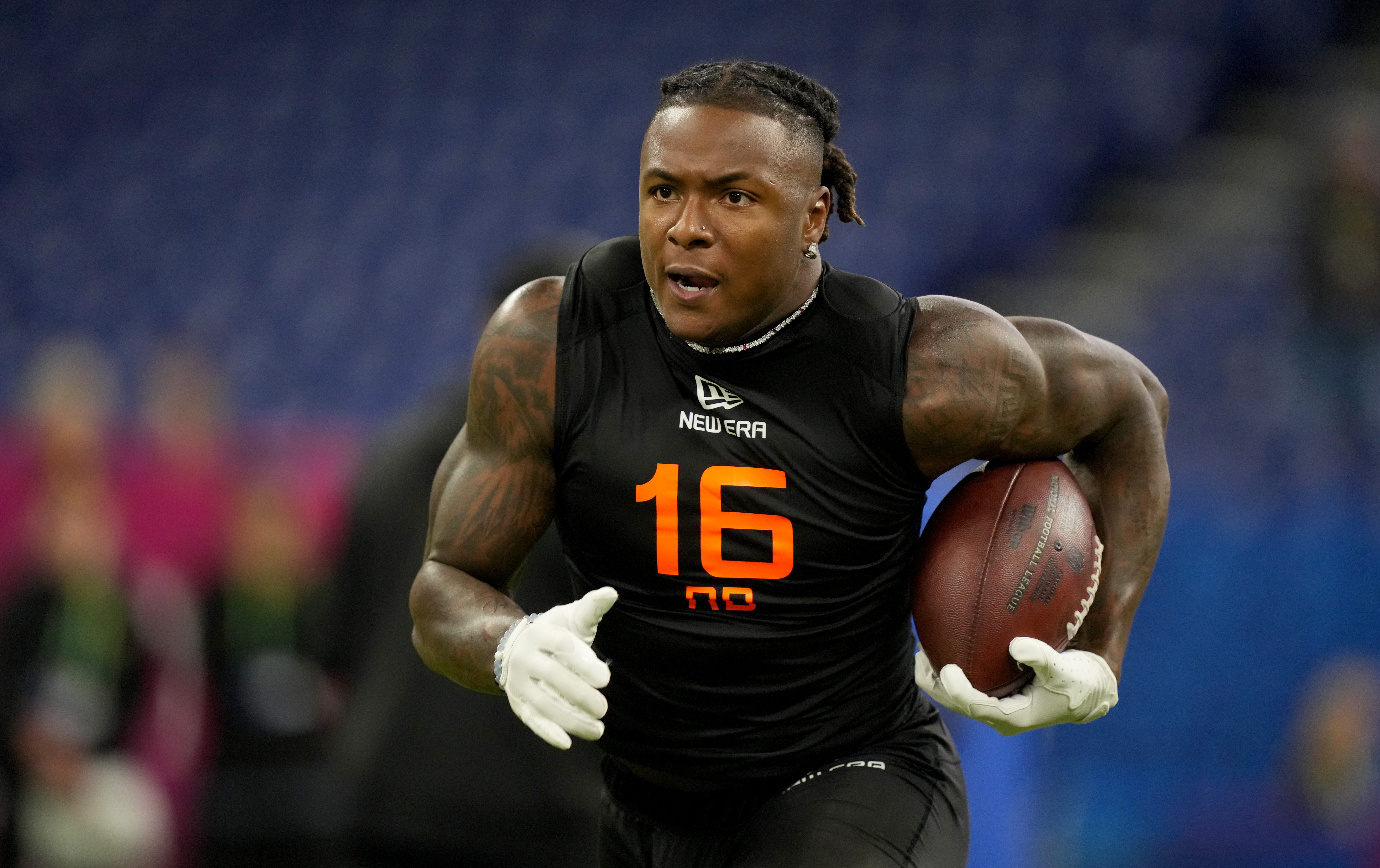 Mar 1, 2025; Indianapolis, IN, USA; Iowa running back Kaleb Johnson (RB16) during the 2025 NFL Combine at Lucas Oil Stadium.