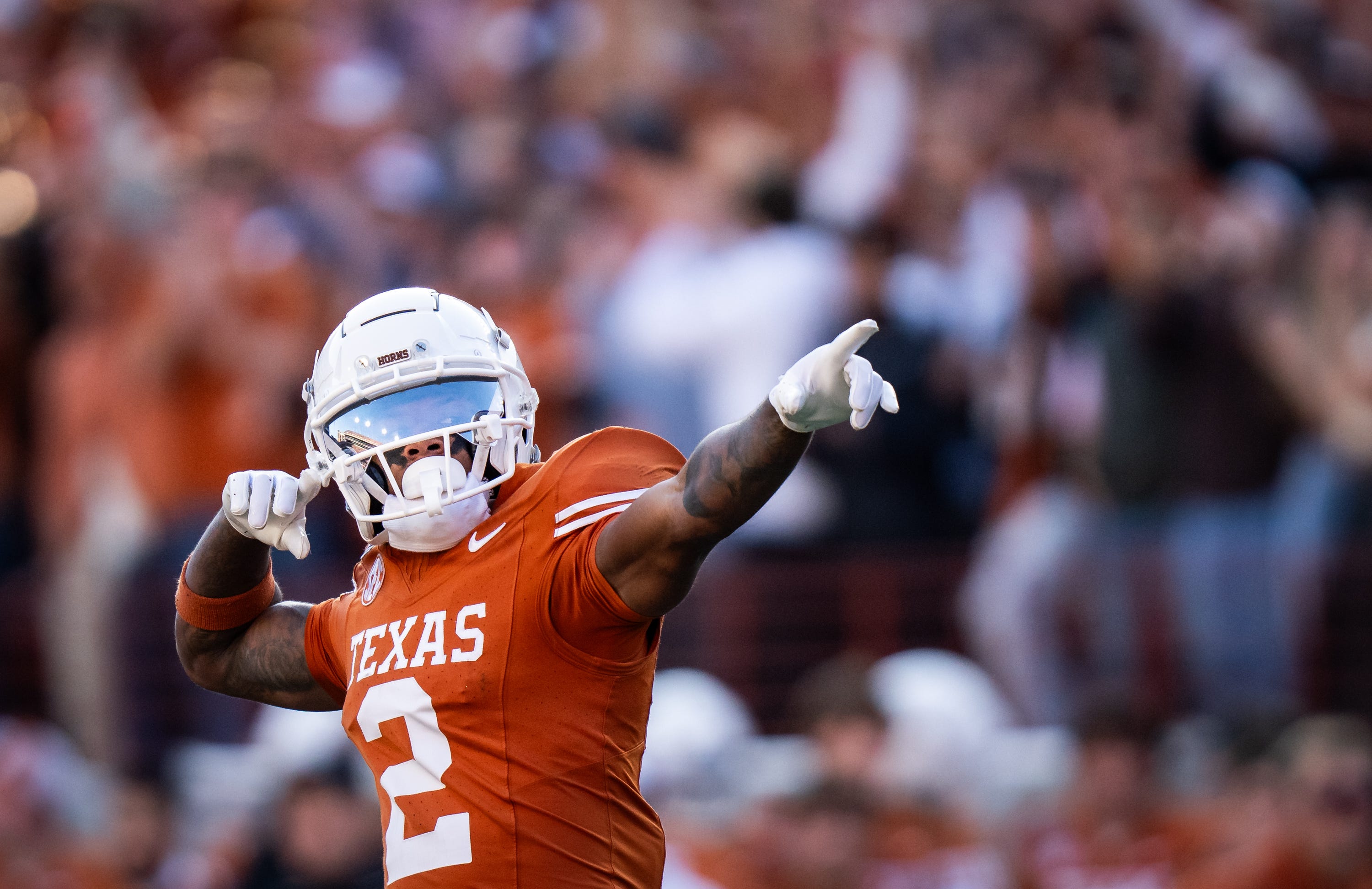 Texas Longhorns wide receiver Matthew Golden (2) celebrates a catch in the second quarter as the Texas Longhorns play the Clemson Tigers in the first round of the College Football Playoffs at Darrell K Royal Texas Memorial Stadium in Austin