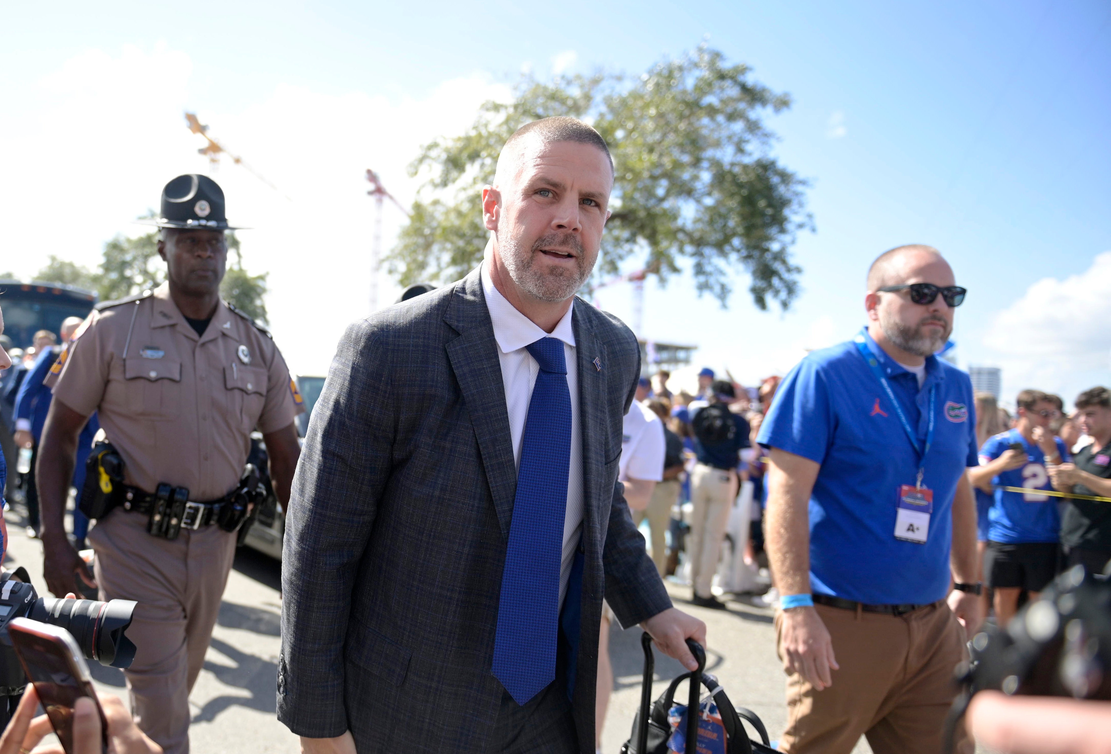 Nov 2, 2024; Jacksonville, Florida, USA; Florida Gators head coach Billy Napier walks into the stadium before the game against the Georgia Bulldogs at EverBank Stadium.