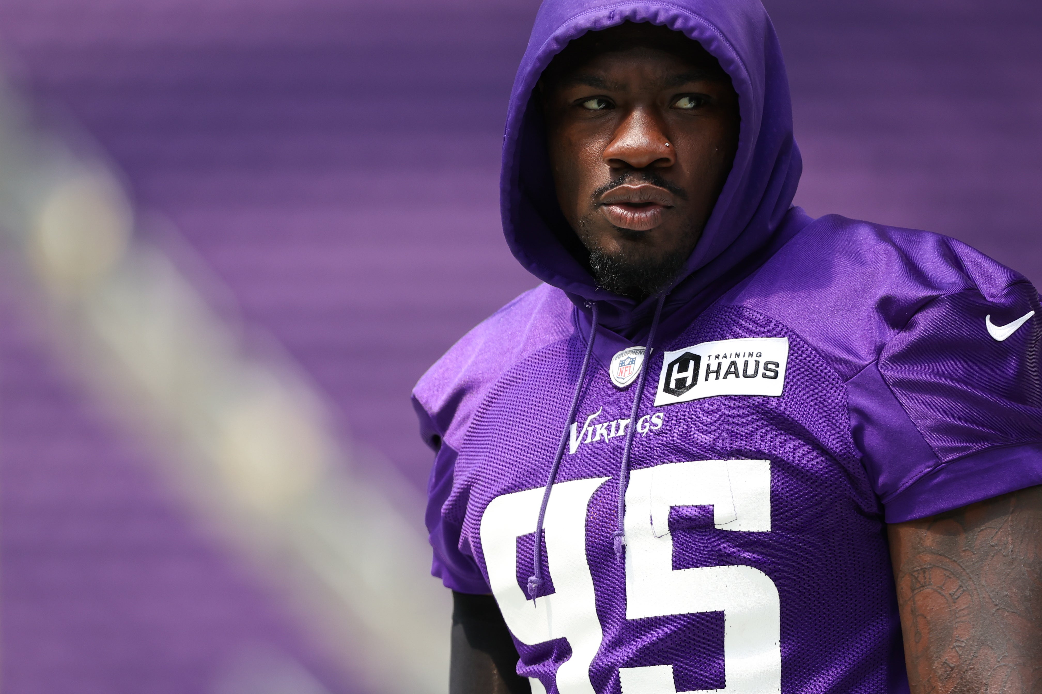 Jul 29, 2022; Minneapolis, MN, USA; Minnesota Vikings outside linebacker Janarius Robinson (95) looks on during training camp at US Bank Stadium.
