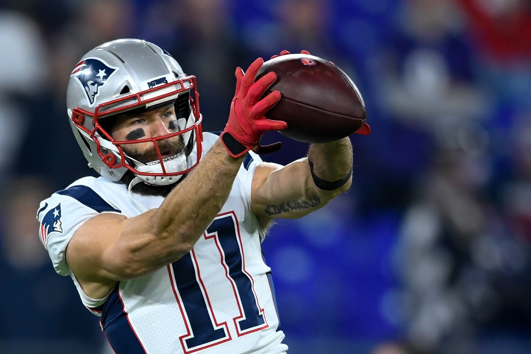 Nov 3, 2019; Baltimore, MD, USA; New England Patriots wide receiver Julian Edelman (11) warms up prior to the game between the Baltimore Ravens and the New England Patriots at M&T Bank Stadium.