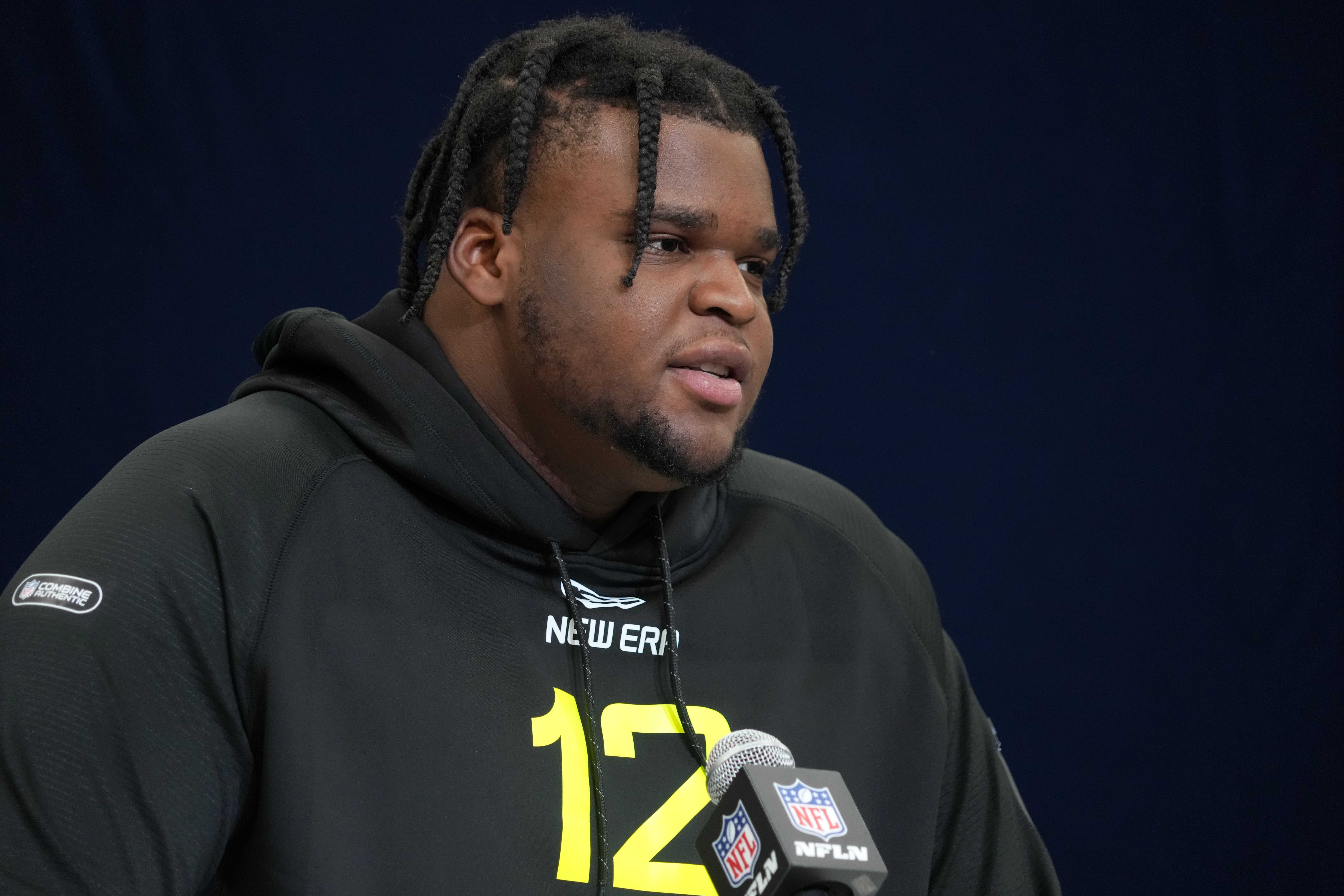Feb 26, 2025; Indianapolis, IN, USA; Michigan defensive lineman Kenneth Grant (DL12) during the 2025 NFL Scouting Combine at the Indiana Convention Center.
