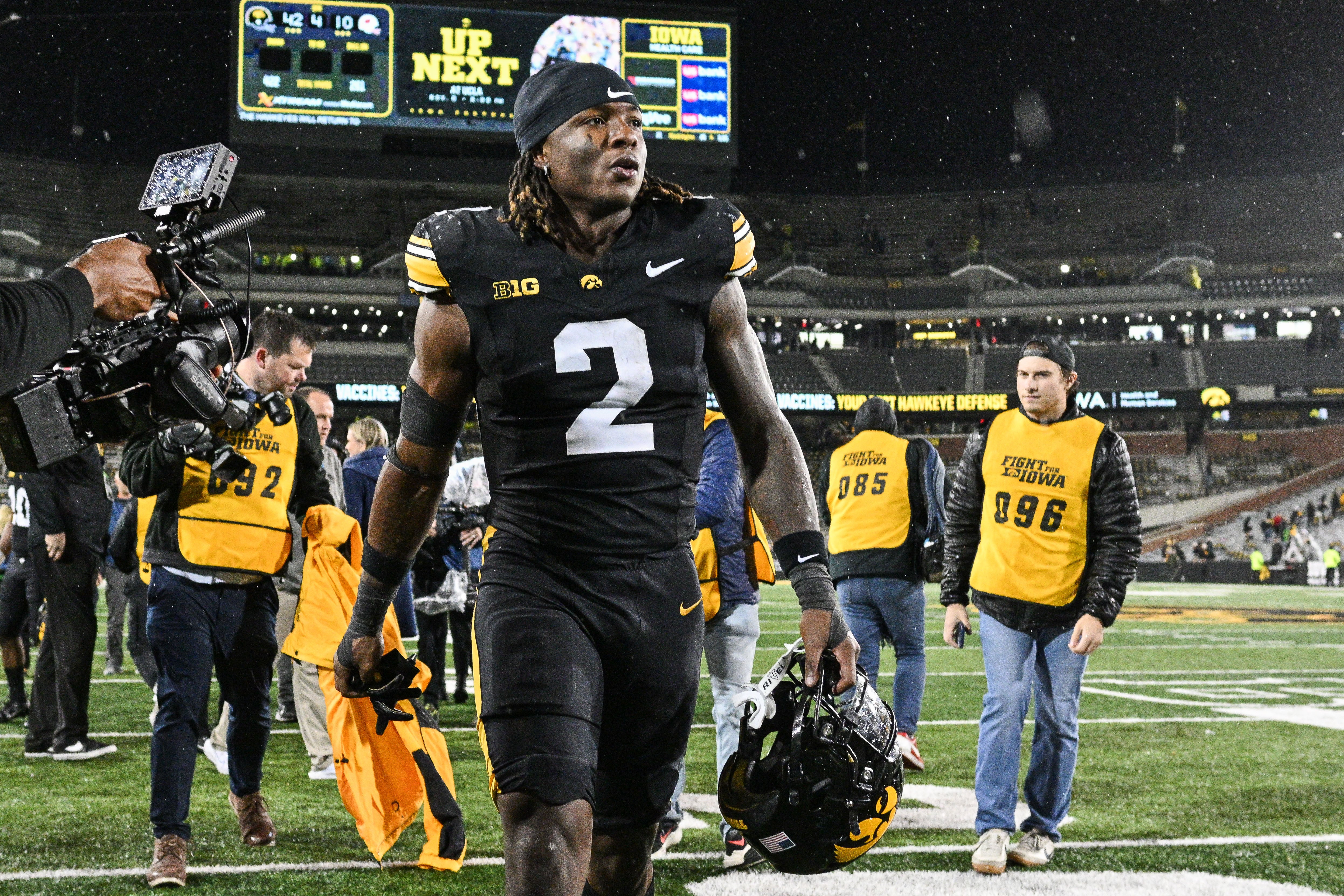 Nov 2, 2024; Iowa City, Iowa, USA; Iowa Hawkeyes running back Kaleb Johnson (2) walks off the field after the game against the Wisconsin Badgers at Kinnick Stadium.
