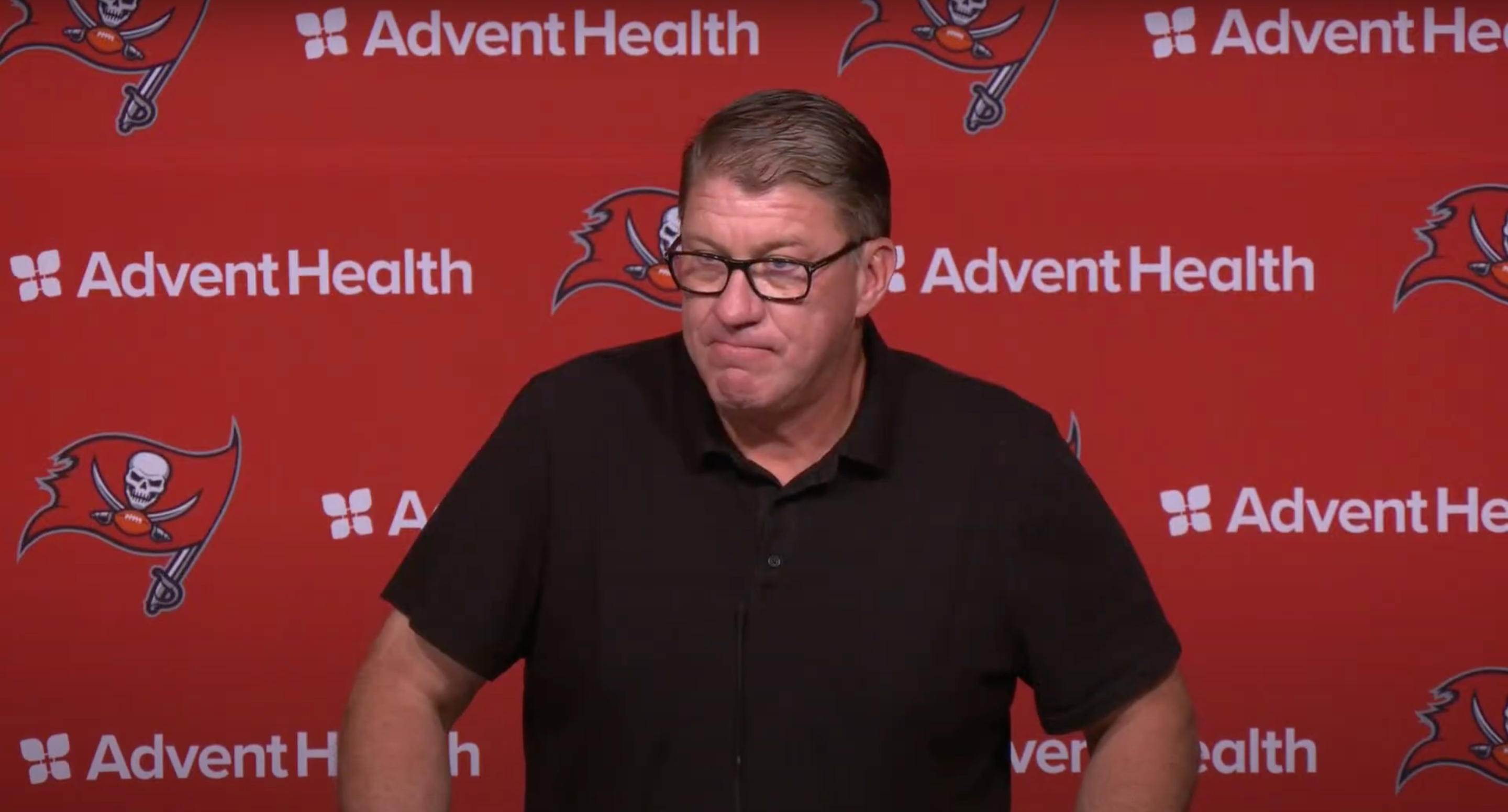 Jason Licht speaks with reporters ahead of the NFL Draft.