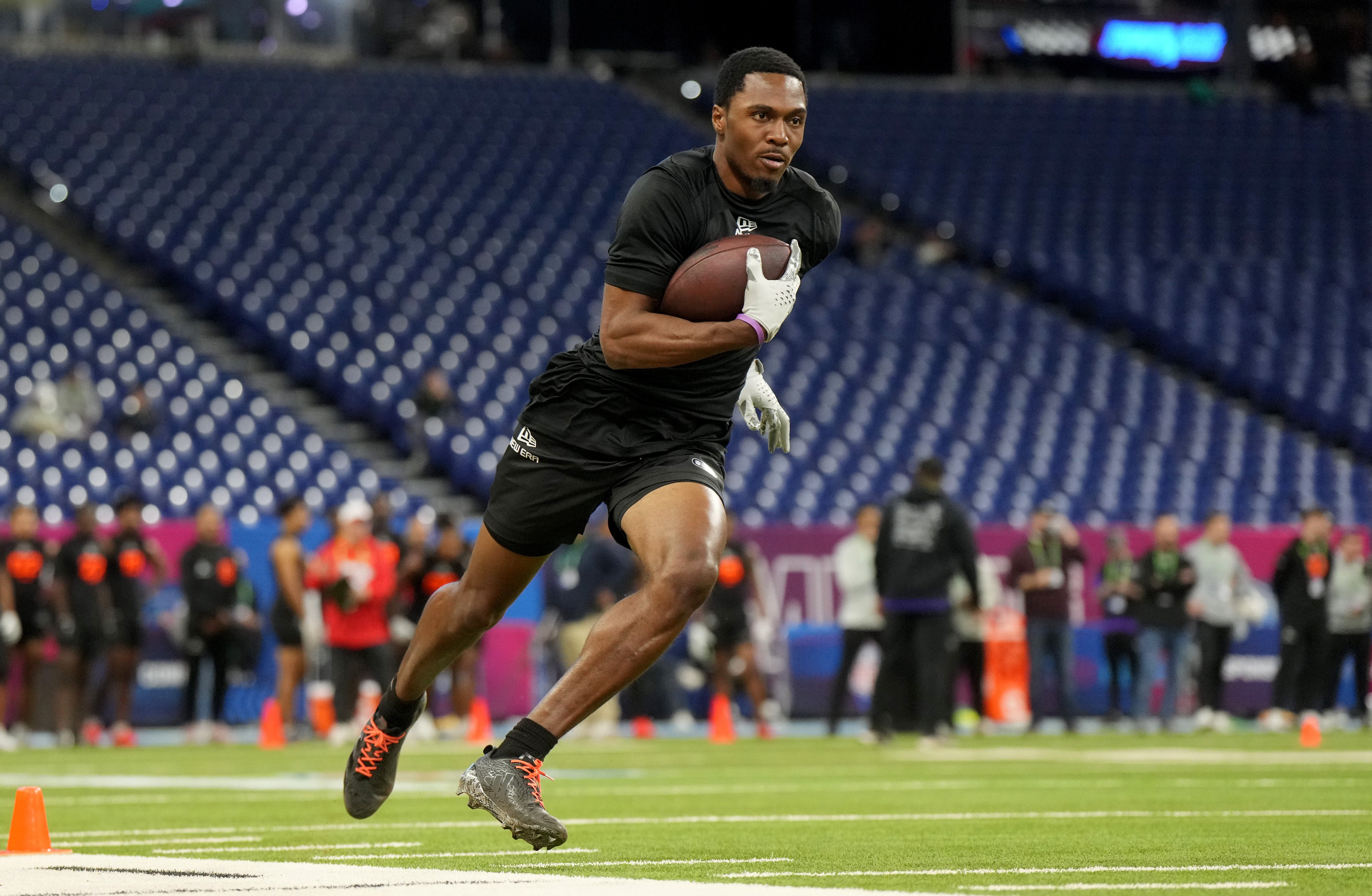 Louisville wideout Ja'Corey Brooks (WO06) during the 2025 NFL Combine at Lucas Oil Stadium.