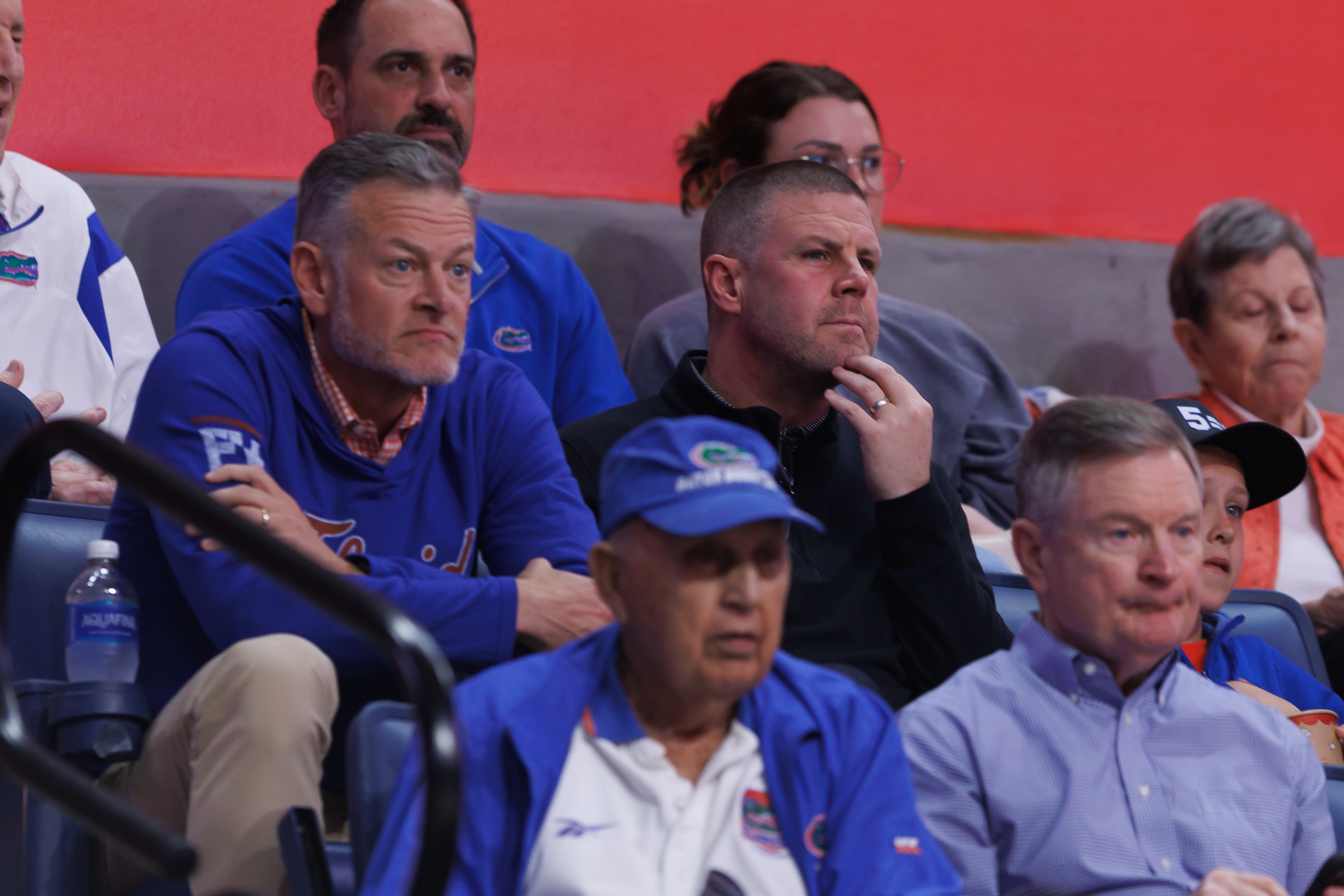 Mar 8, 2025; Gainesville, Florida, USA; Florida Gators athletic director Scott Stricklin and head football coach Billy Napier watch the second half against the Mississippi Rebels at Exactech Arena at the Stephen C. O'Connell Center.