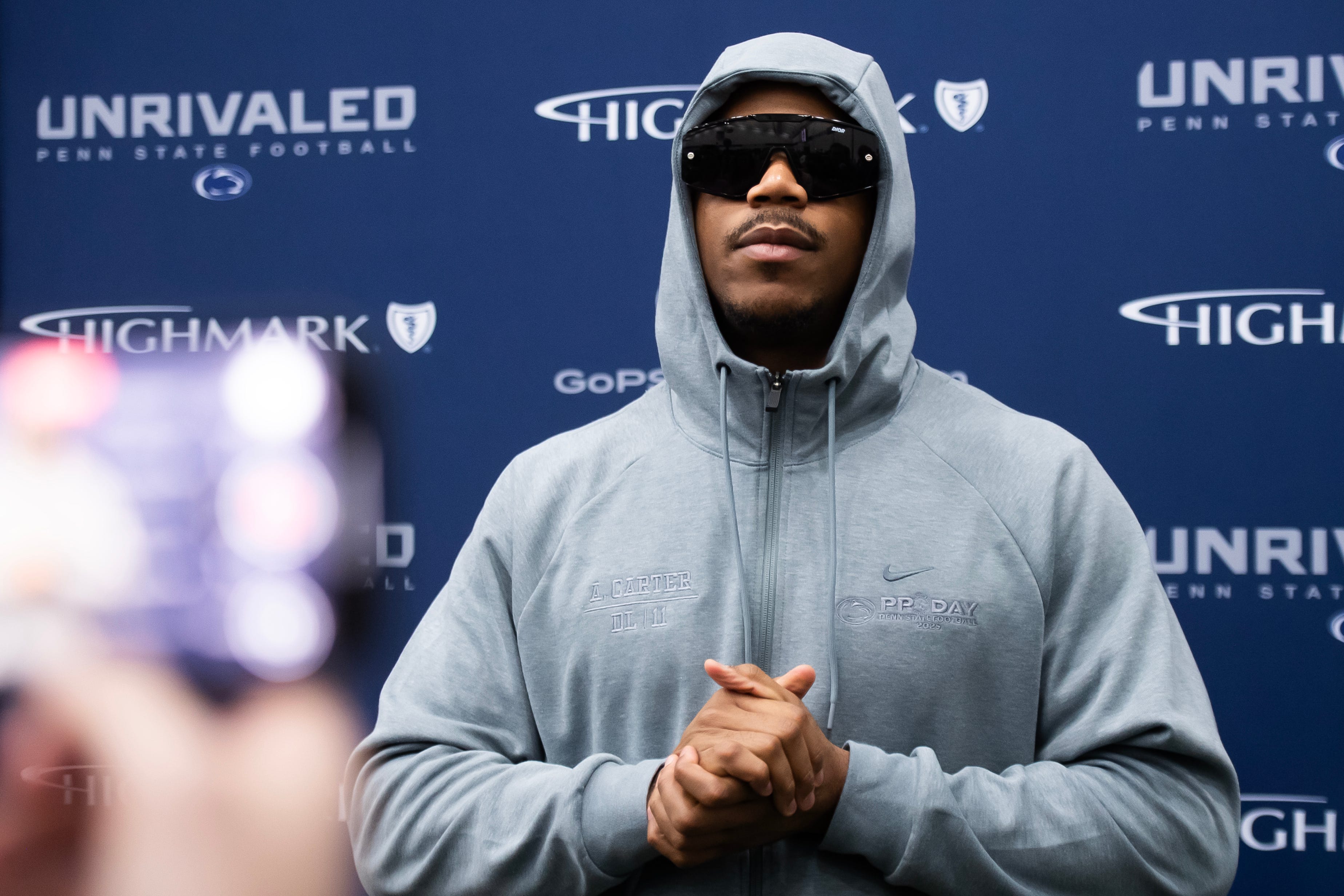 Defensive end Abdul Carter speaks to the media at Penn State's Pro Day in Holuba Hall on March 28, 2025, in State College.