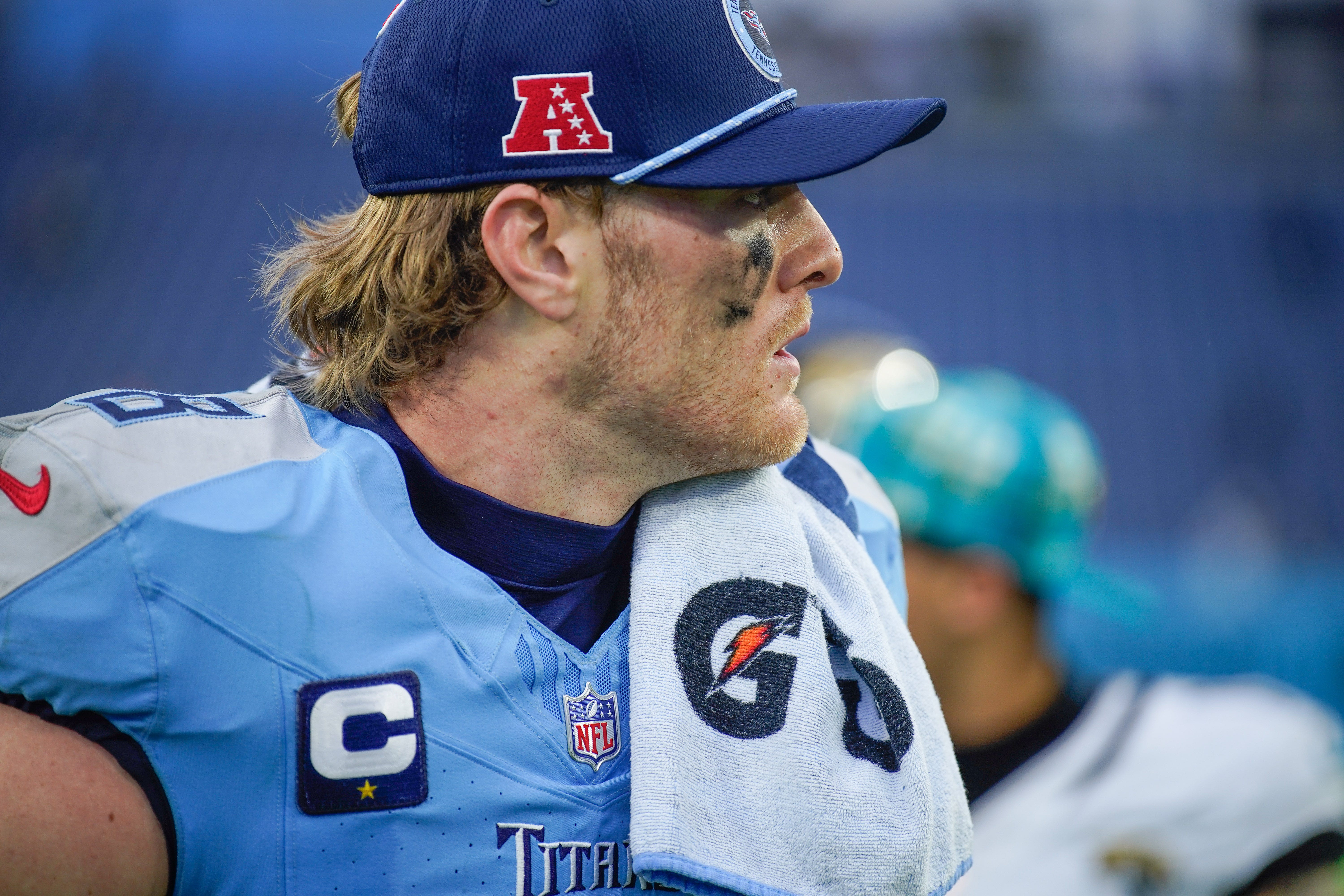 Tennessee Titans quarterback Will Levis (8) walks off the field after the game at Nissan Stadium in Nashville, Tenn., Sunday, Dec. 8, 2024.