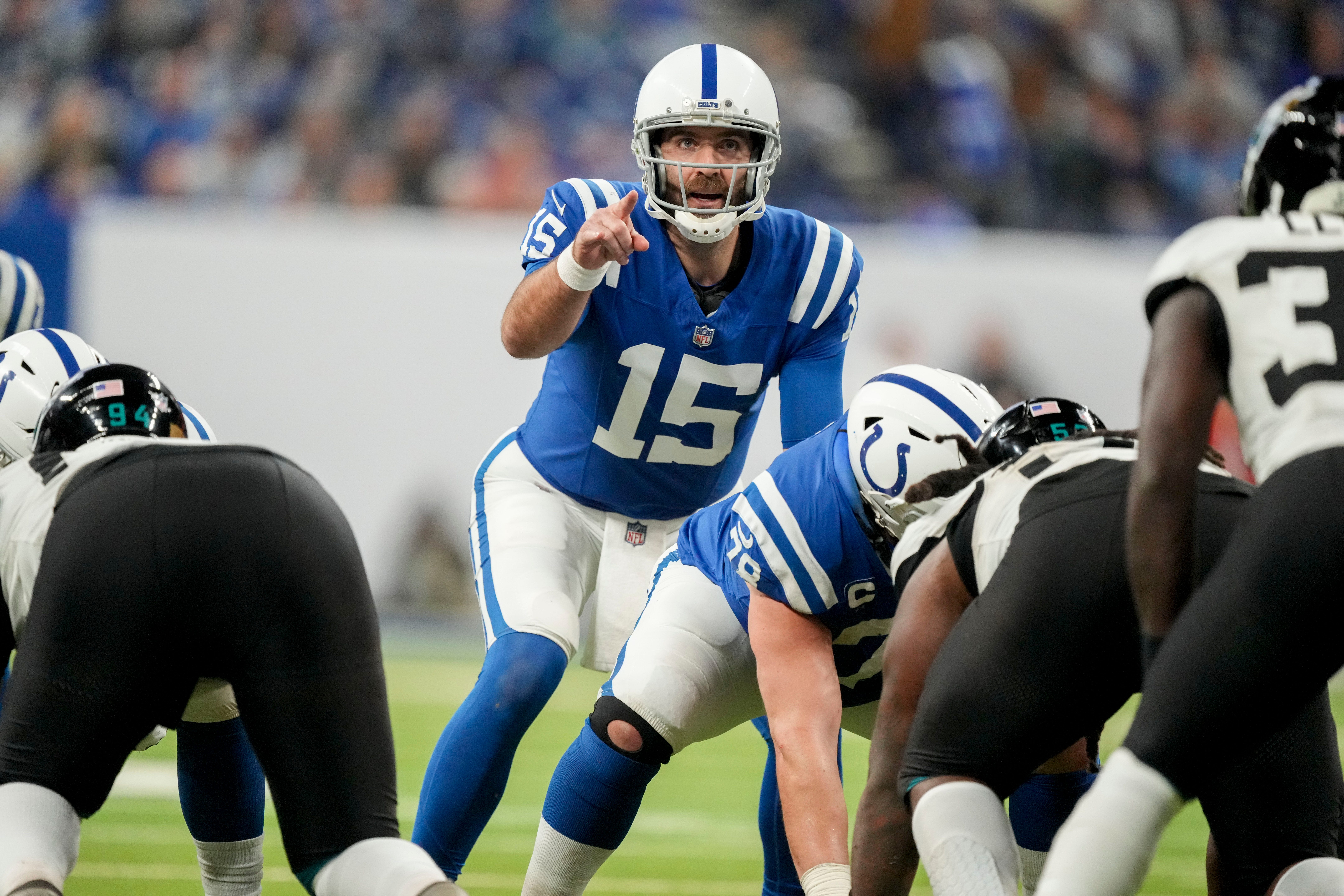Indianapolis Colts quarterback Joe Flacco (15) yells from the line of scrimmage Sunday, Jan. 5, 2025, during a game against the Jacksonville Jaguars at Lucas Oil Stadium in Indianapolis.