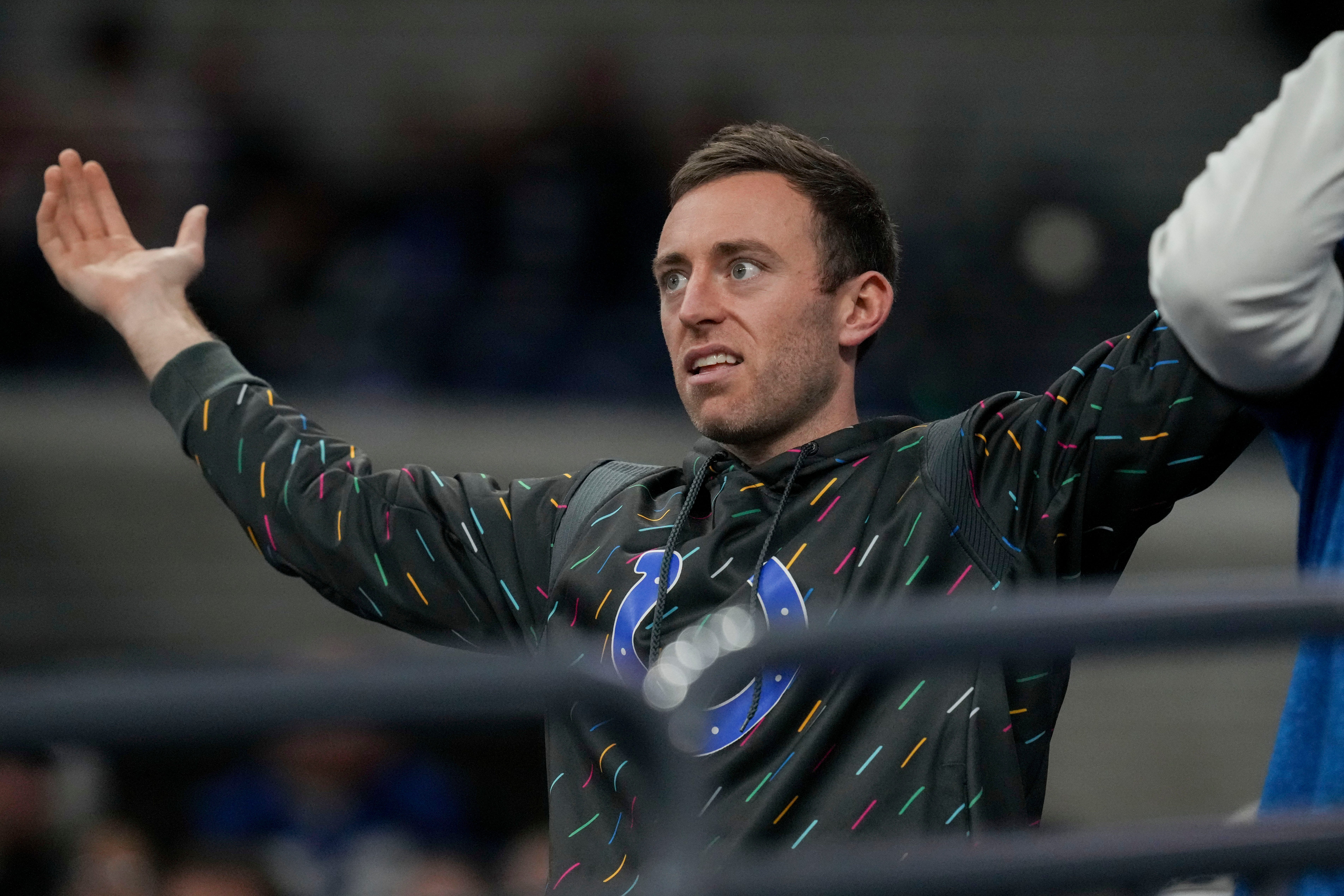 A Indianapolis Colts fan reacts to a call Sunday, Jan. 5, 2025, during a game against the Jacksonville Jaguars at Lucas Oil Stadium in Indianapolis.