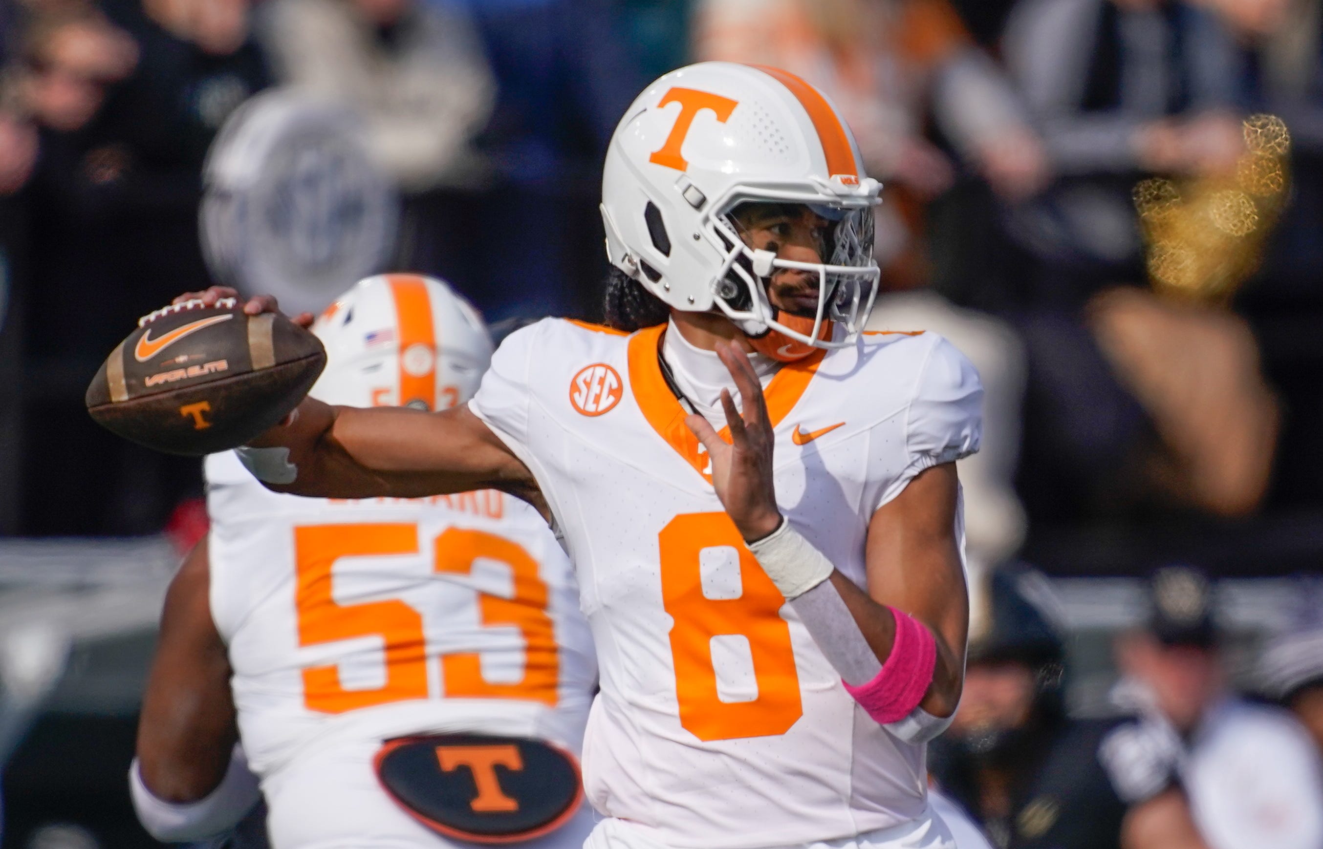 Nico Iamaleava, QB Tennessee makes a throw for the Vols in a game against Vanderbilt