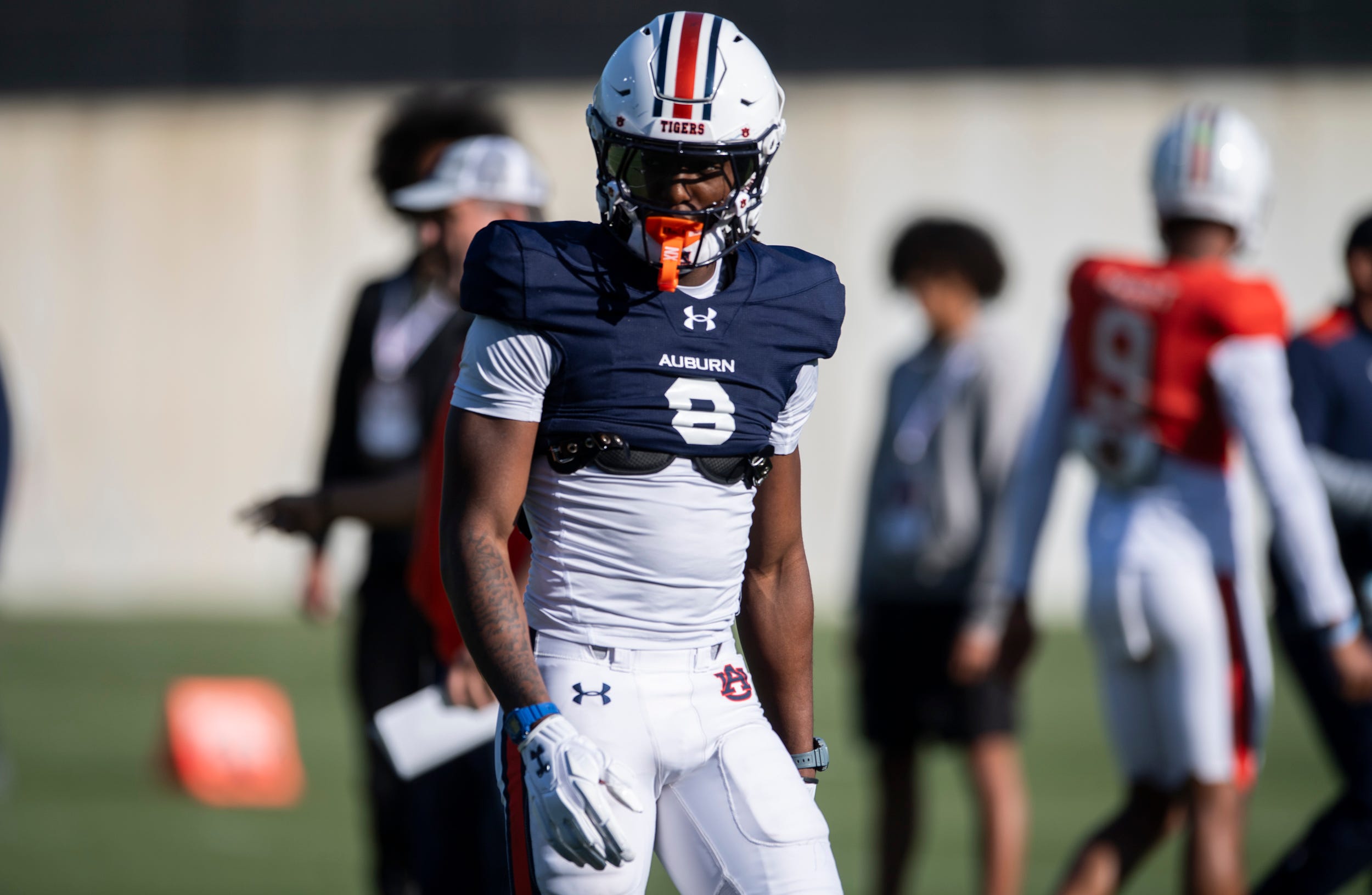 Auburn Tigers wide receiver Cam Coleman (8) during football practice at Woltosz Football Performance Center in Auburn, Ala., on Thursday, April 10, 2025.