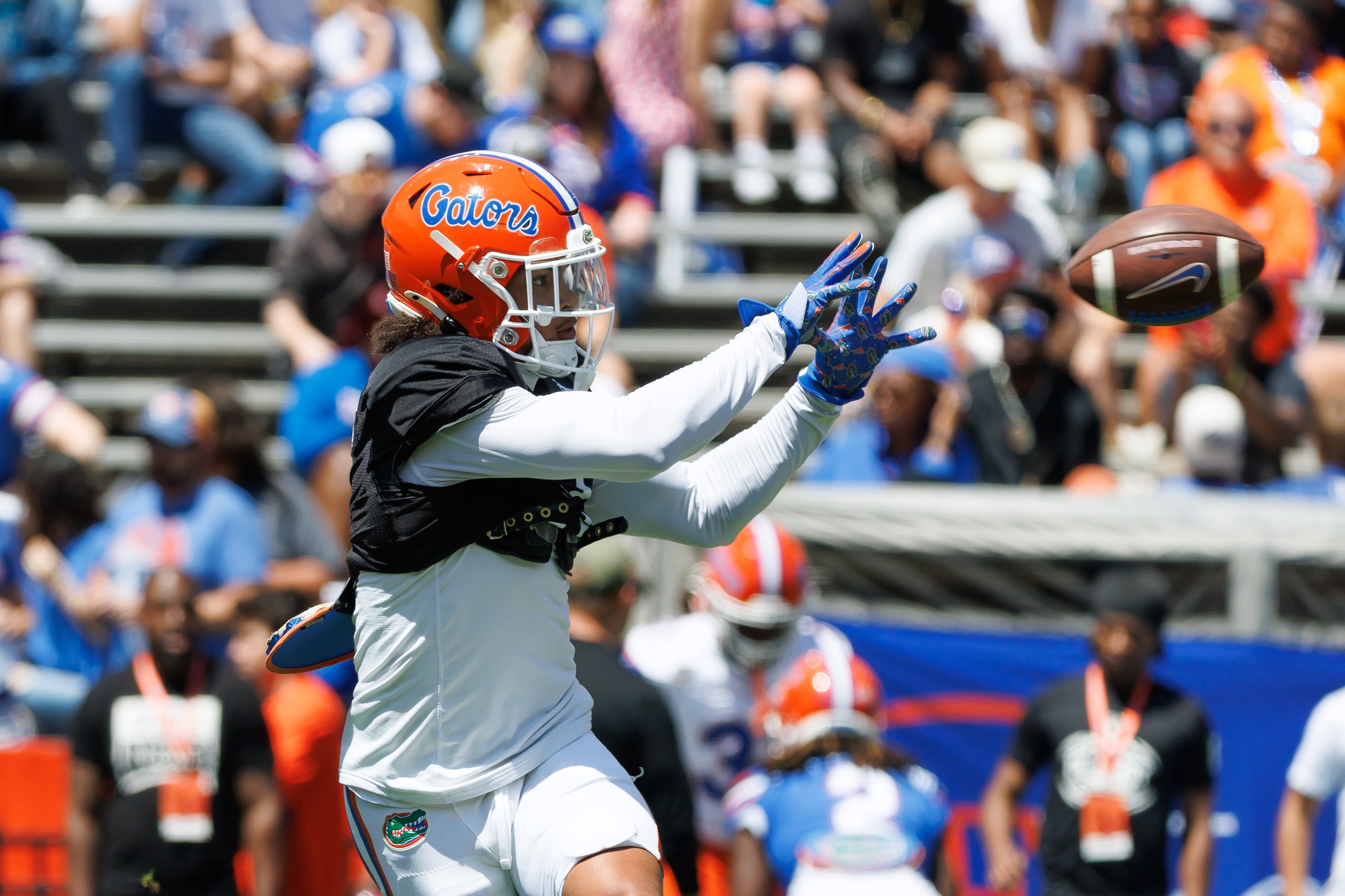 Apr 12, 2025; Gainesville, FL, USA; Florida Gators wide receiver Eugene Wilson III (3) makes a catch before the game at Ben Hill Griffin Stadium.