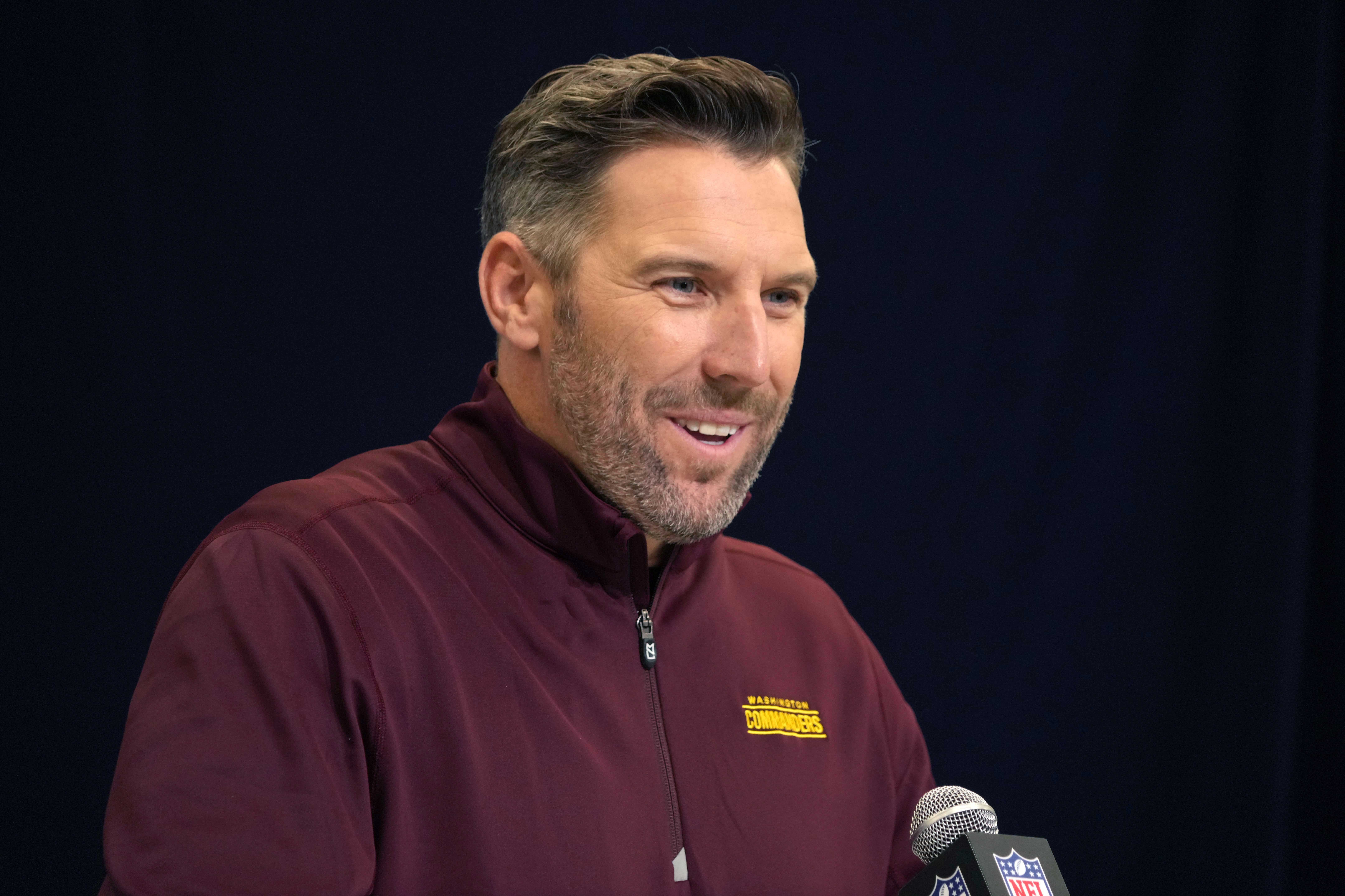 Feb 25, 2025; Indianapolis, IN, USA; Washington Commanders general manager Adam Peters speaks during the NFL Scouting Combine at the Indiana Convention Center.