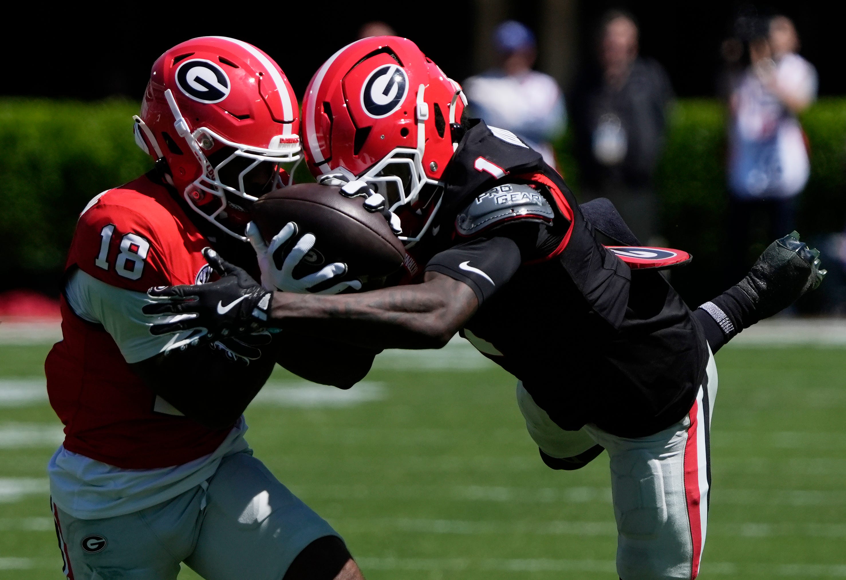 Georgia wide receiver Sacovie White (18) makes a catch while being defended by Georgia defensive back Ellis Robinson IV (1) during the Georgia G-Day spring football game in Athens, Ga., on Saturday.