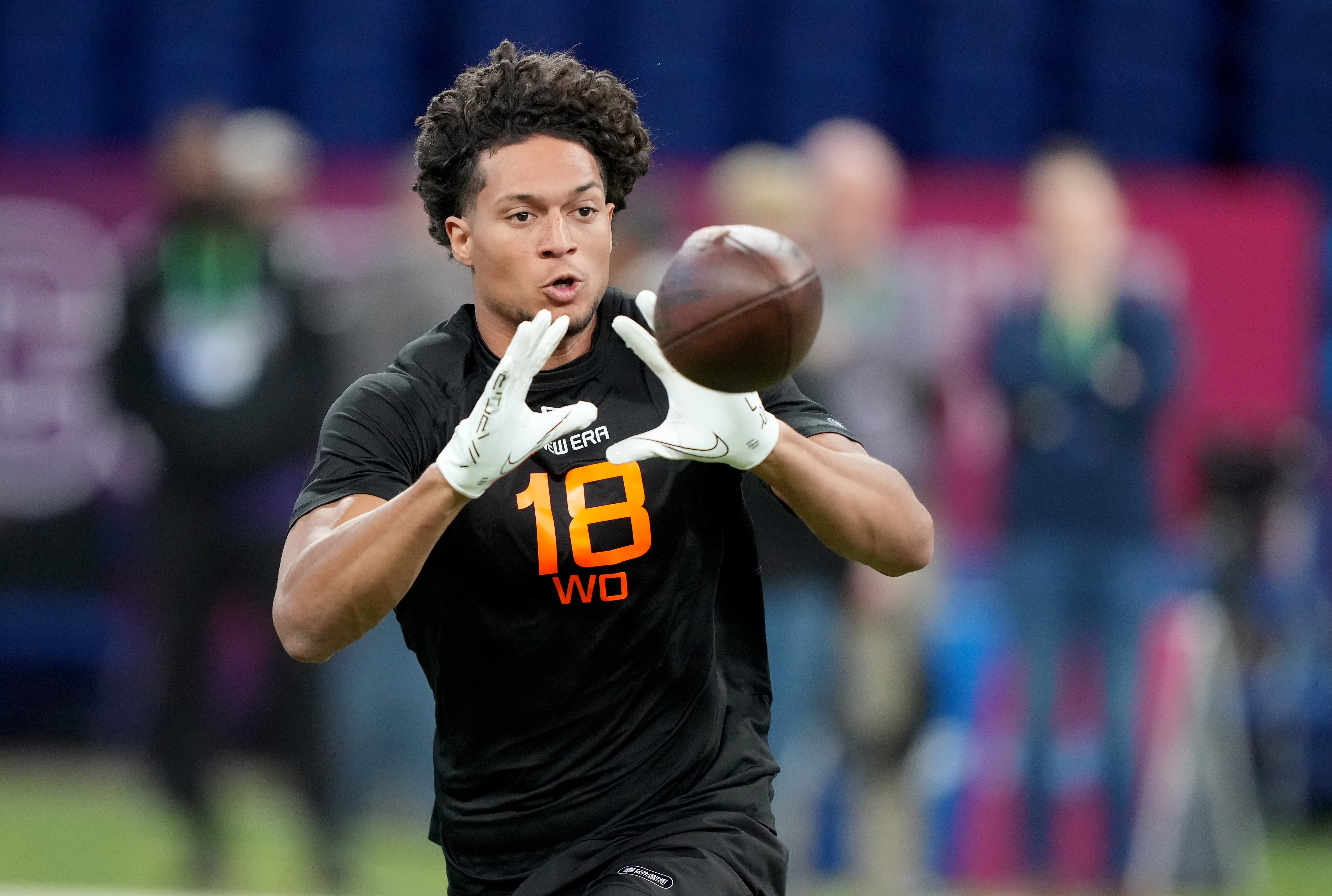 Iowa State wideout Jayden Higgins (WO18) during the 2025 NFL Combine at Lucas Oil Stadium.
