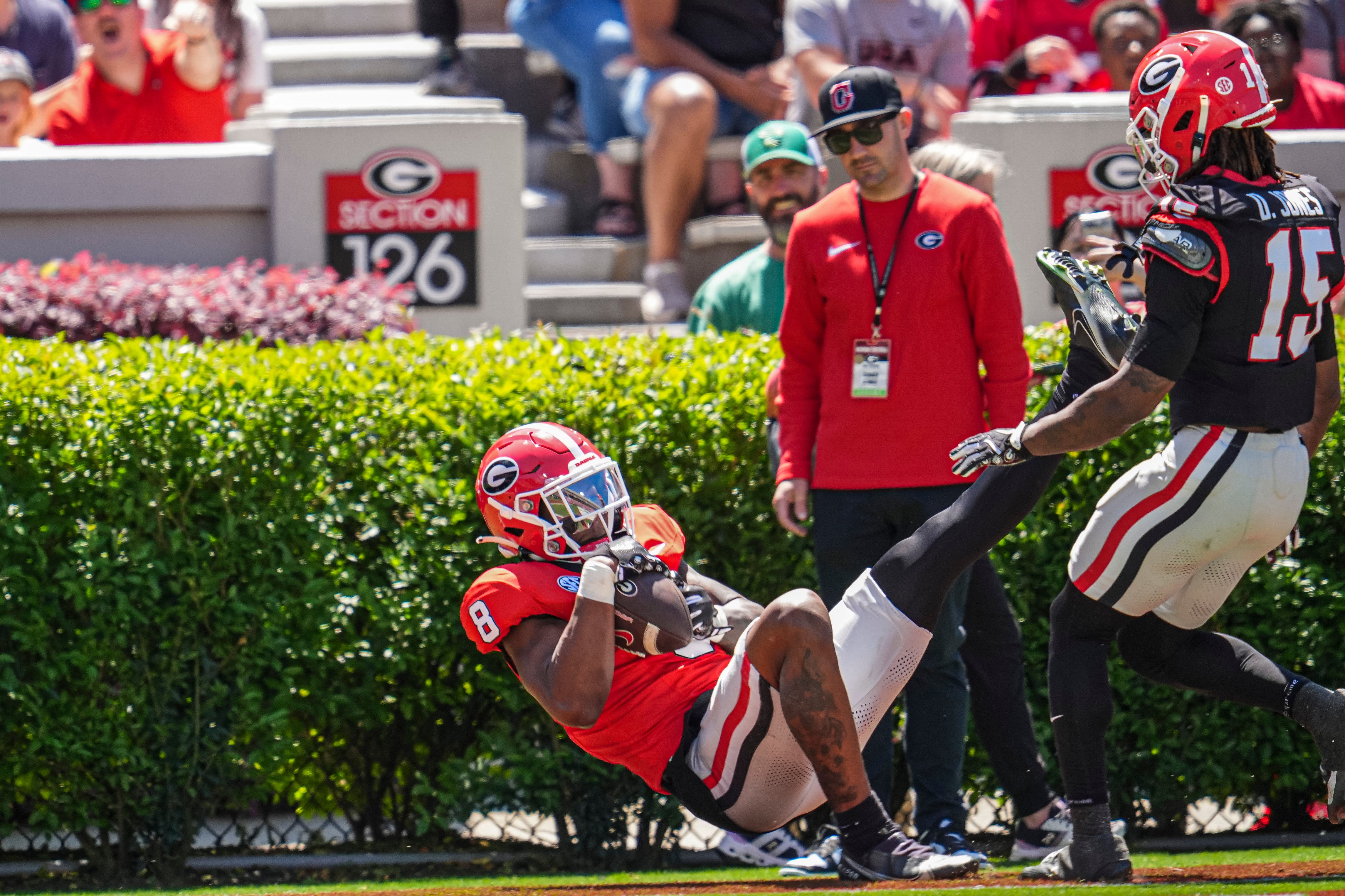 Georgia Bulldogs wide receiver Colbie Young (8) tries to make a catch during the Georgia Spring game at Sanford Stadium.