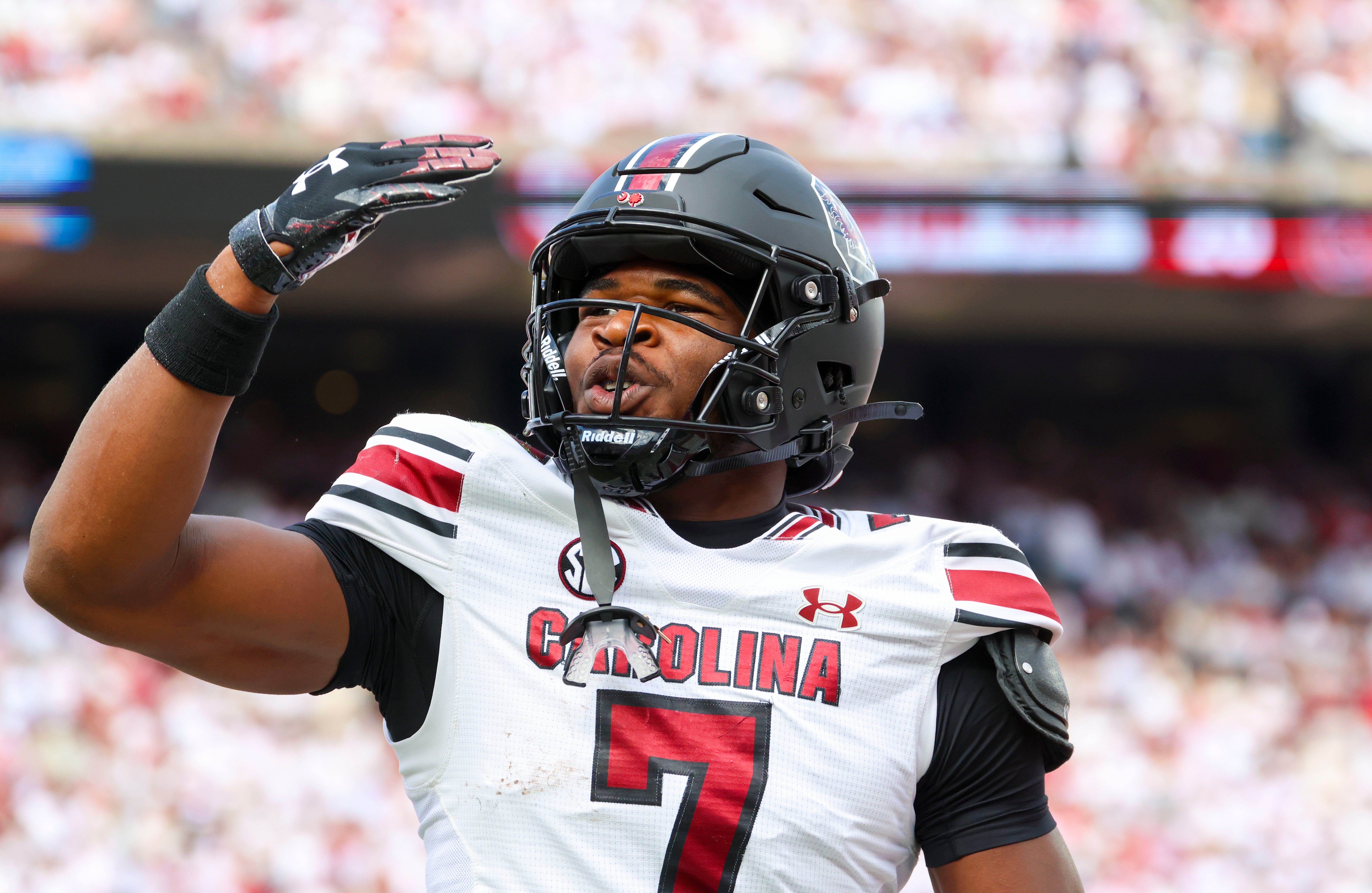 Oct 19, 2024; Norman, Oklahoma, USA; South Carolina Gamecocks defensive back Nick Emmanwori (7) reacts after returning an interception for a touchdown during the first half against the Oklahoma Sooners at Gaylord Family-Oklahoma Memorial Stadium.