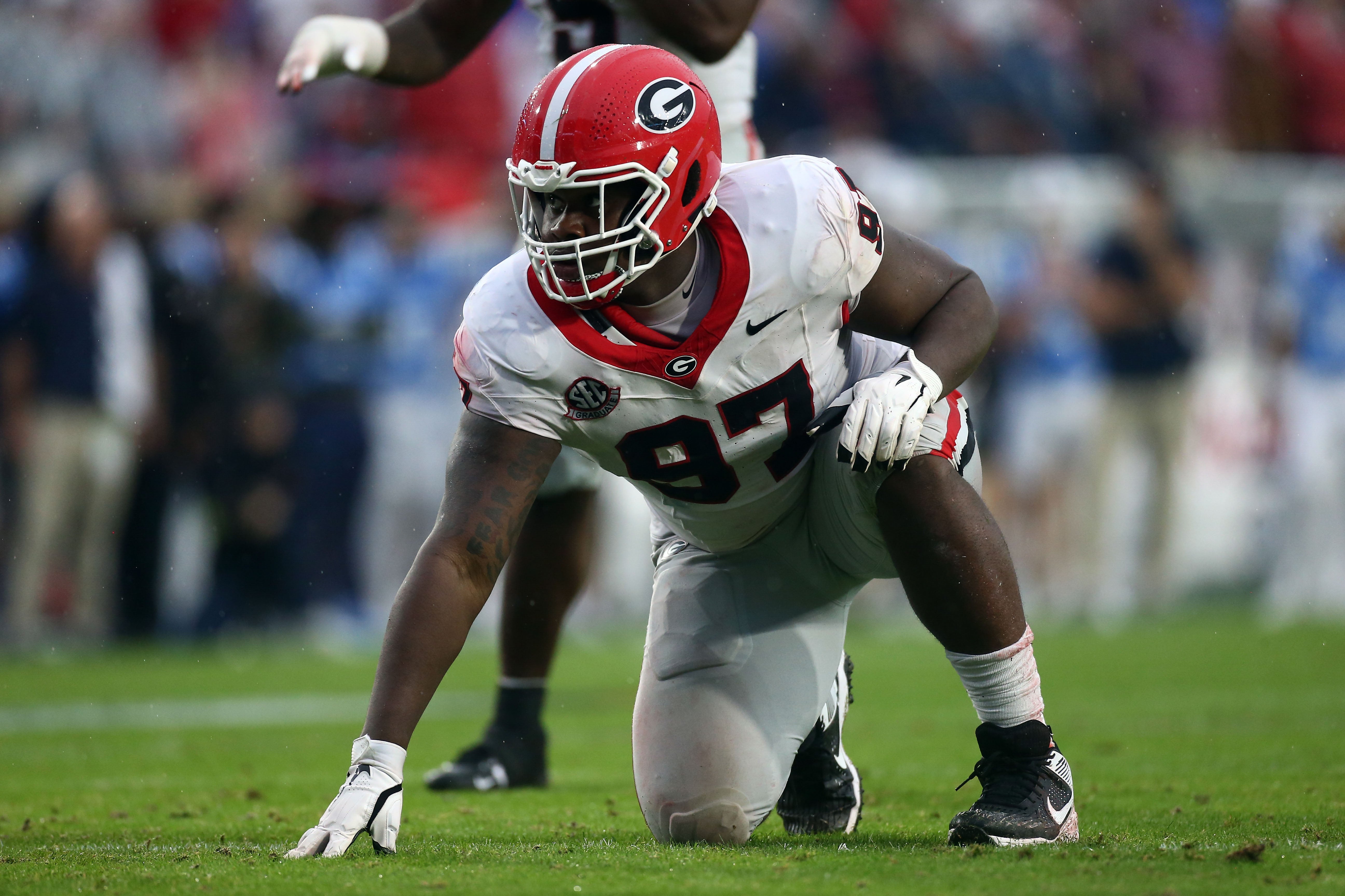 Nov 9, 2024; Oxford, Mississippi, USA; Georgia Bulldogs defensive lineman Warren Brinson (97) lines up before the snap during the first half against the Mississippi Rebels at Vaught-Hemingway Stadium.