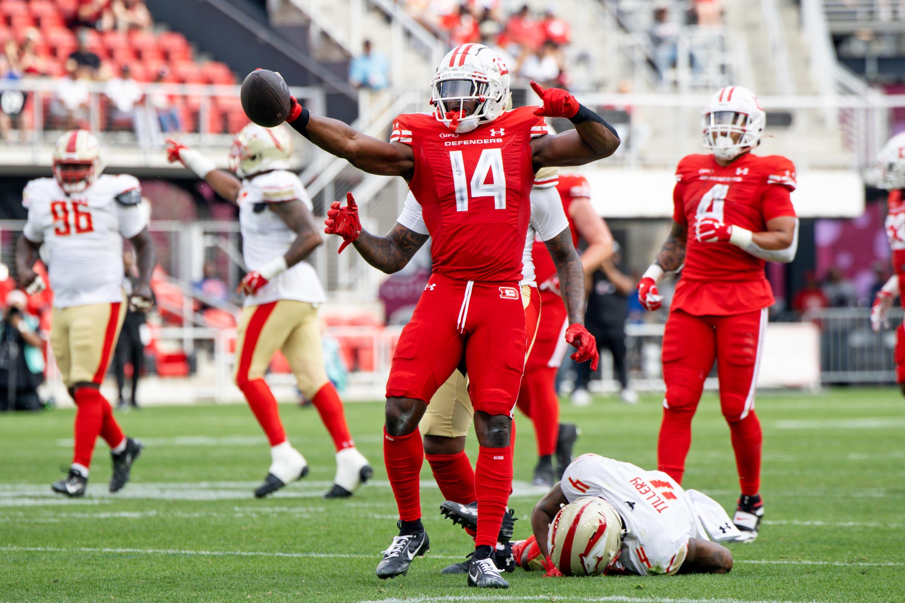 Mar 30, 2025; Washington, D.C., USA; DC Defenders wide receiver Cornell Powell (14) celebrates in the second half against the Birmingham Stallions at Audi Field.